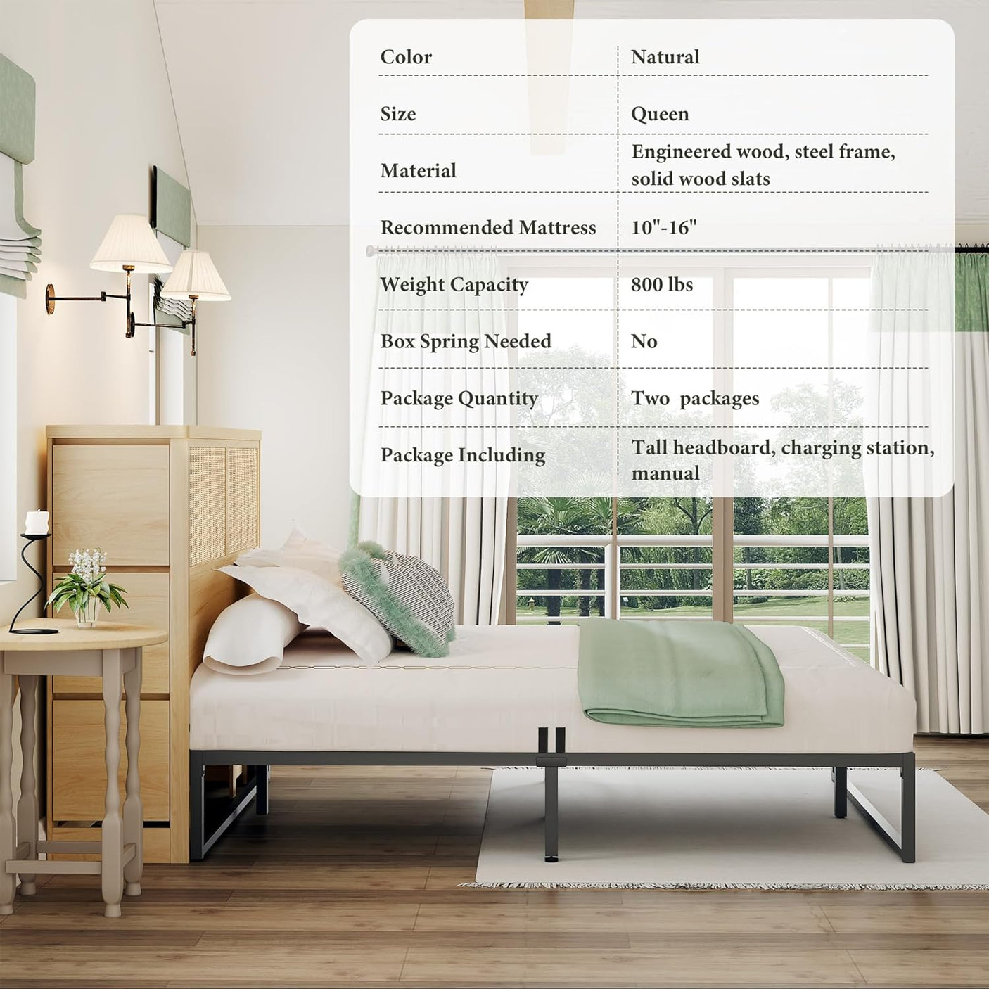 Boho Rattan Queen Beds Frame with Charging Station Headboard