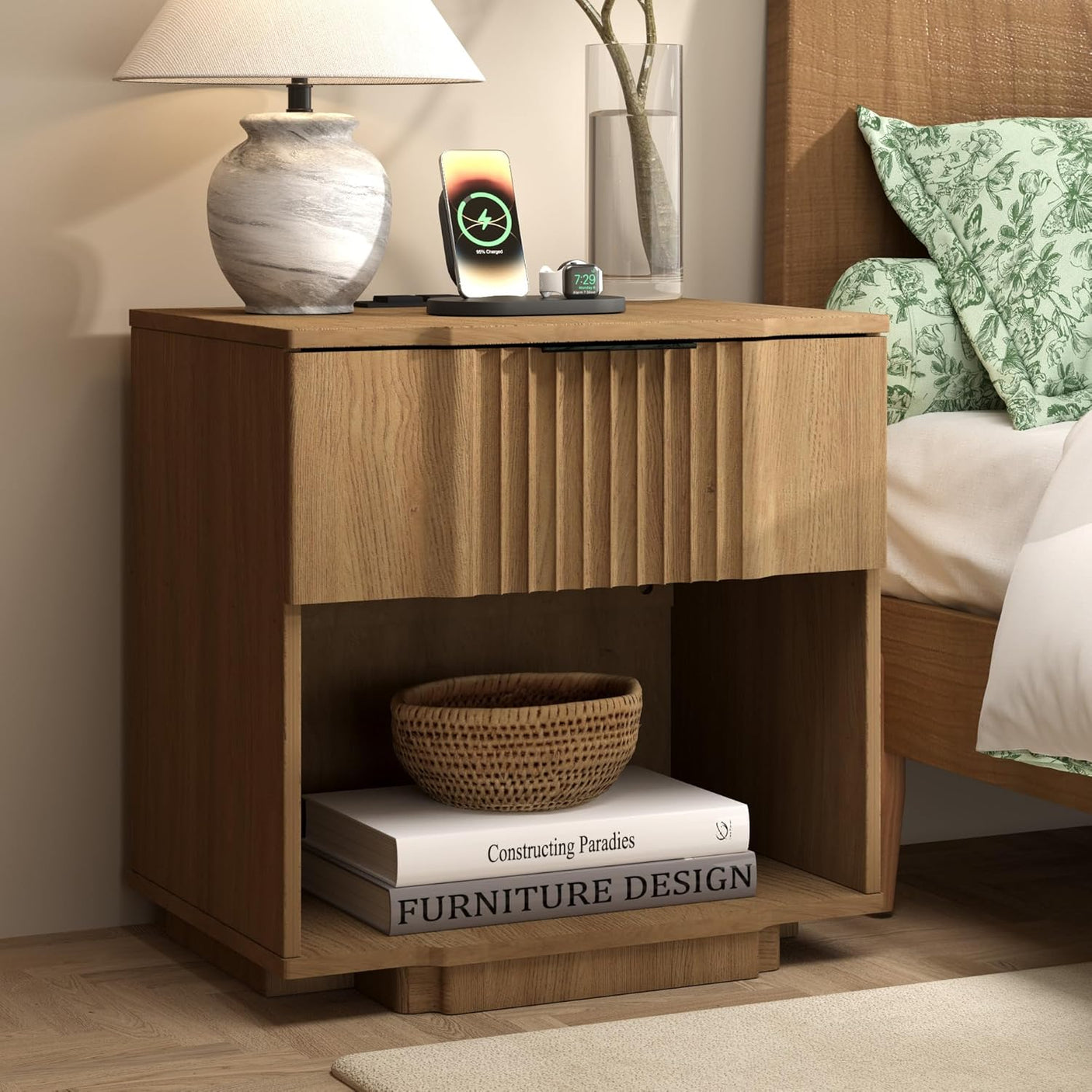 Fluted Night Stand with 20W Fast Charging Station