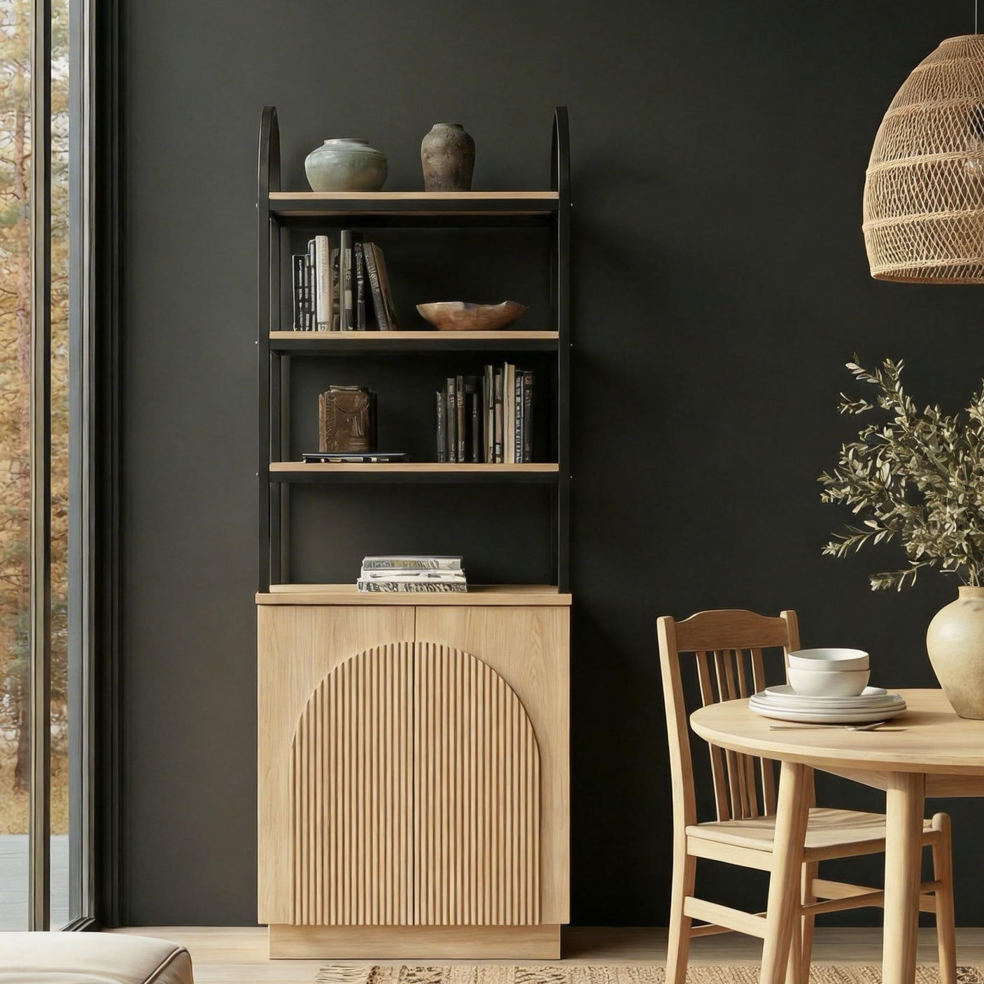 YECHEN Modern 71" Arched Bookcase with Reeded Design Doors | 7-Tier Tall Bookshelf with Storage Cabinet & Adjustable Shelves