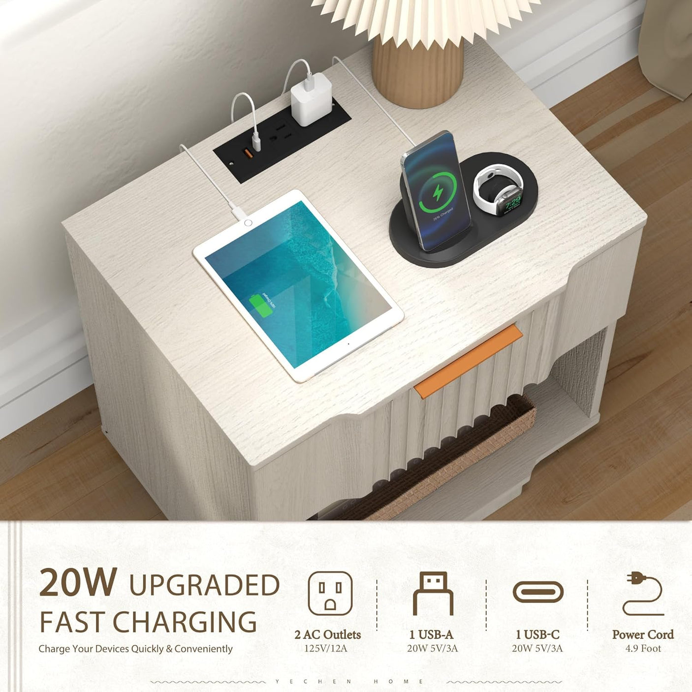 Fluted Night Stand with 20W Fast Charging Station