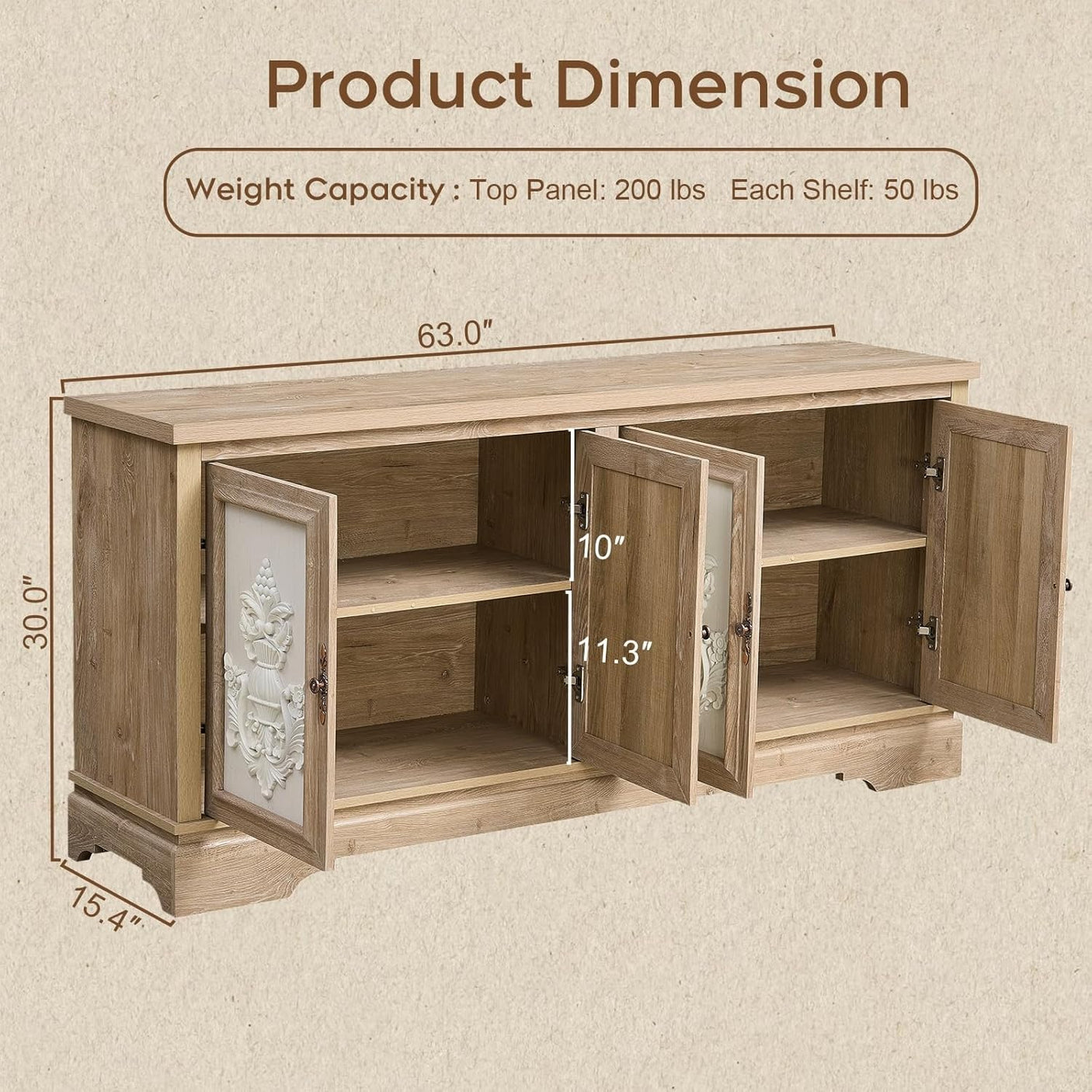 63" Farmhouse Accent Sideboard Buffet Cabinet with Painted 3D Decorative Doors