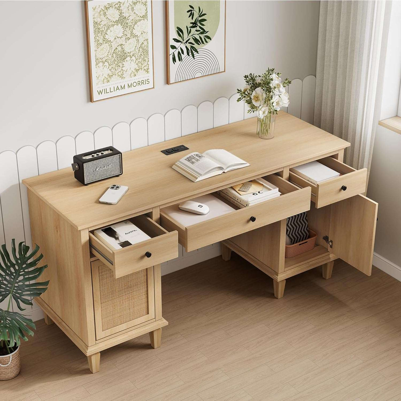 58" Modern Boho Rattan Door Executive Desk