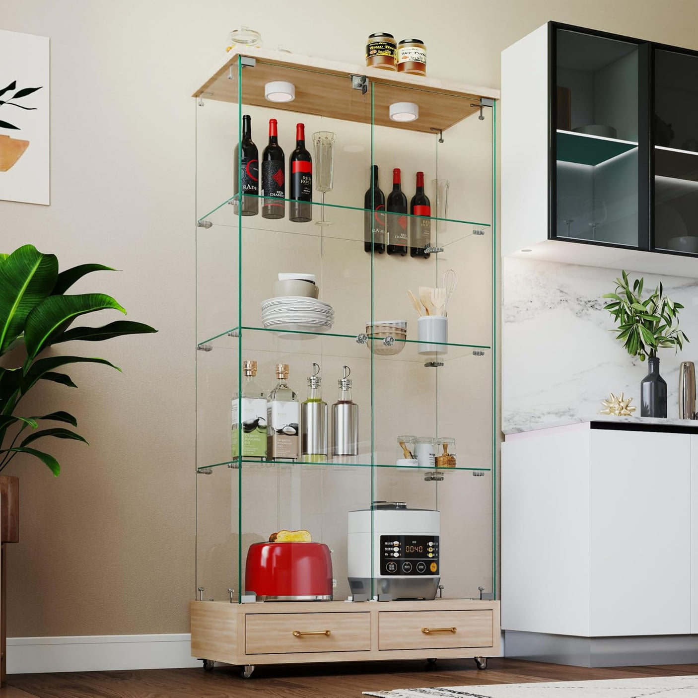 YECHEN Glass Display Cabinet with LED Lights | Double-Door Curio Cabinet with 2 Drawers