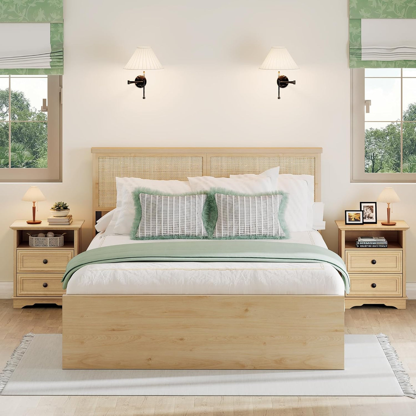 Farmhouse Mid Century Modern Nightstand, 2-Drawer 25" Tall Wood