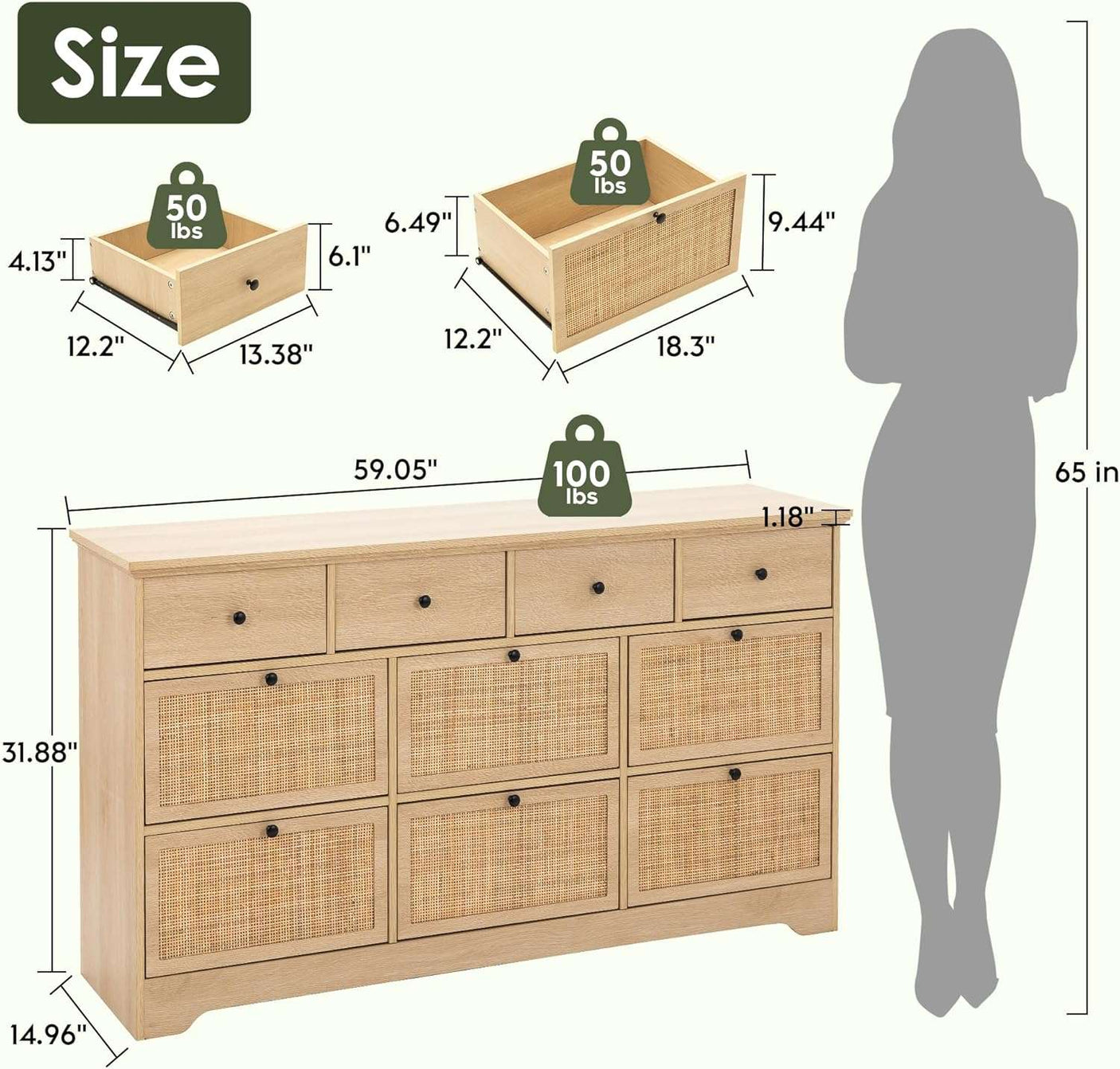 59" Wide Natural Rattan 9 Drawer Dresser