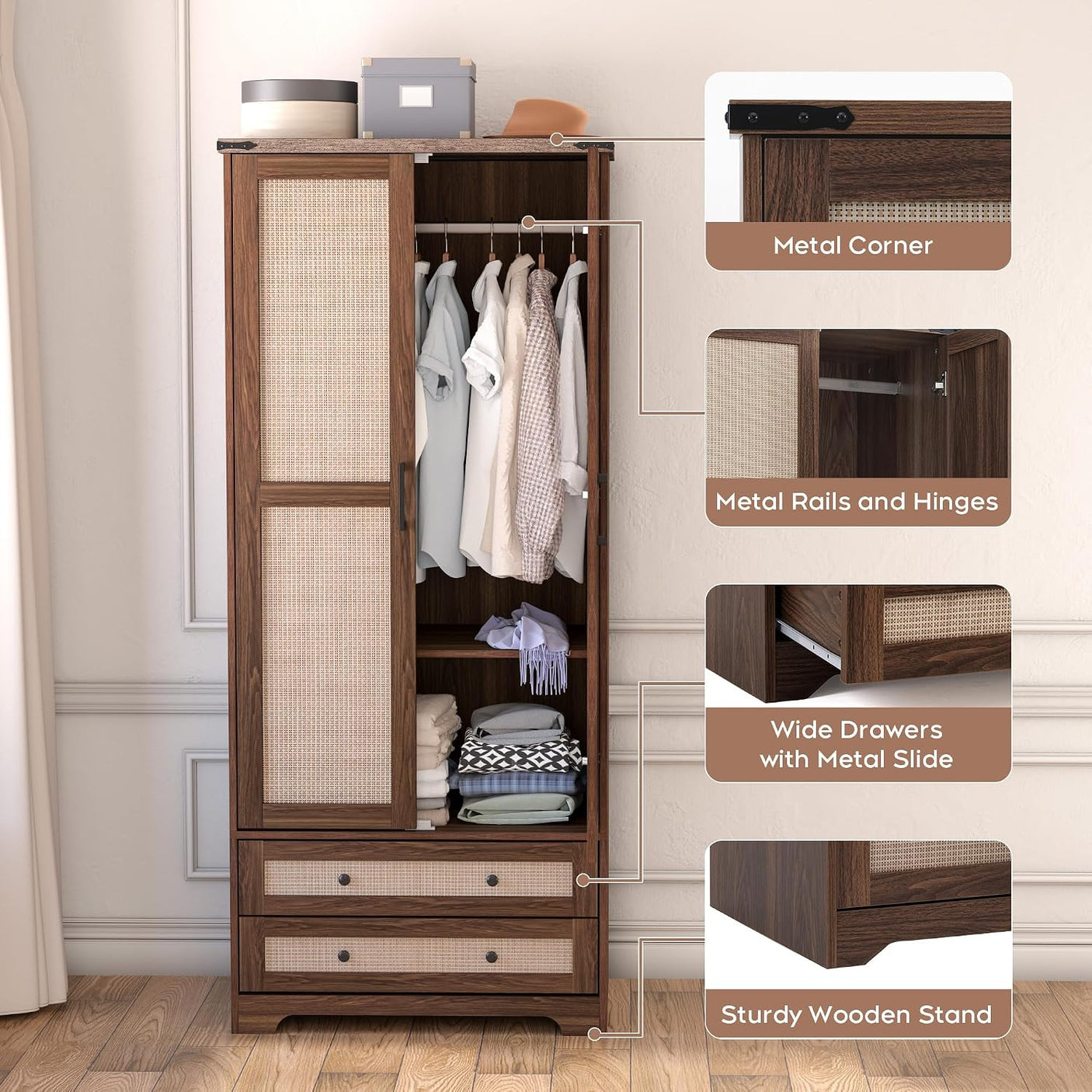 YECHEN 71" Modern Armoire Wardrobe: All-in-One Storage with 2 Drawers & Adjustable Shelves