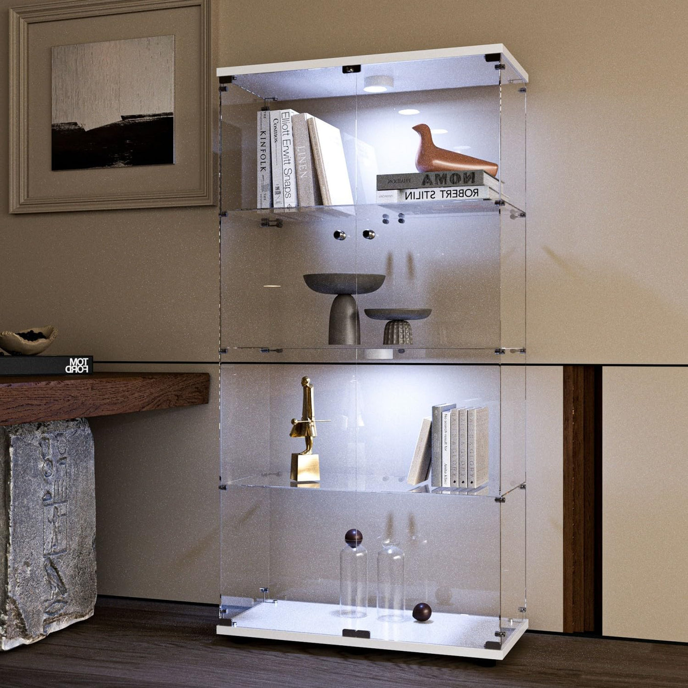 YECHEN 65" Smart Glass Display Cabinet | Bluetooth LED Lights, Music Sync & Swivel Casters – 4-Tier Curio Cabinet