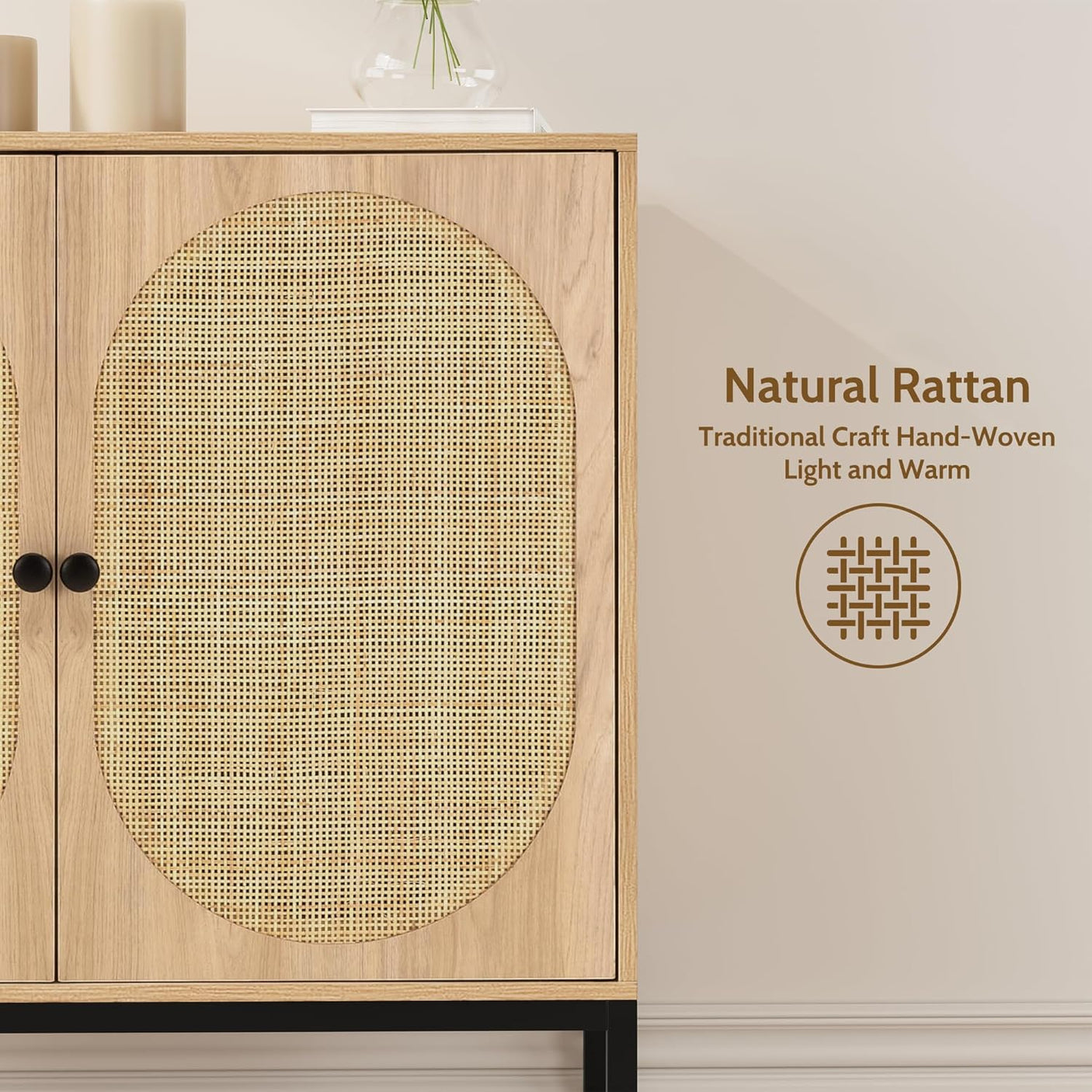 Sideboard Cabinet with Natural Rattan Decorated Doors