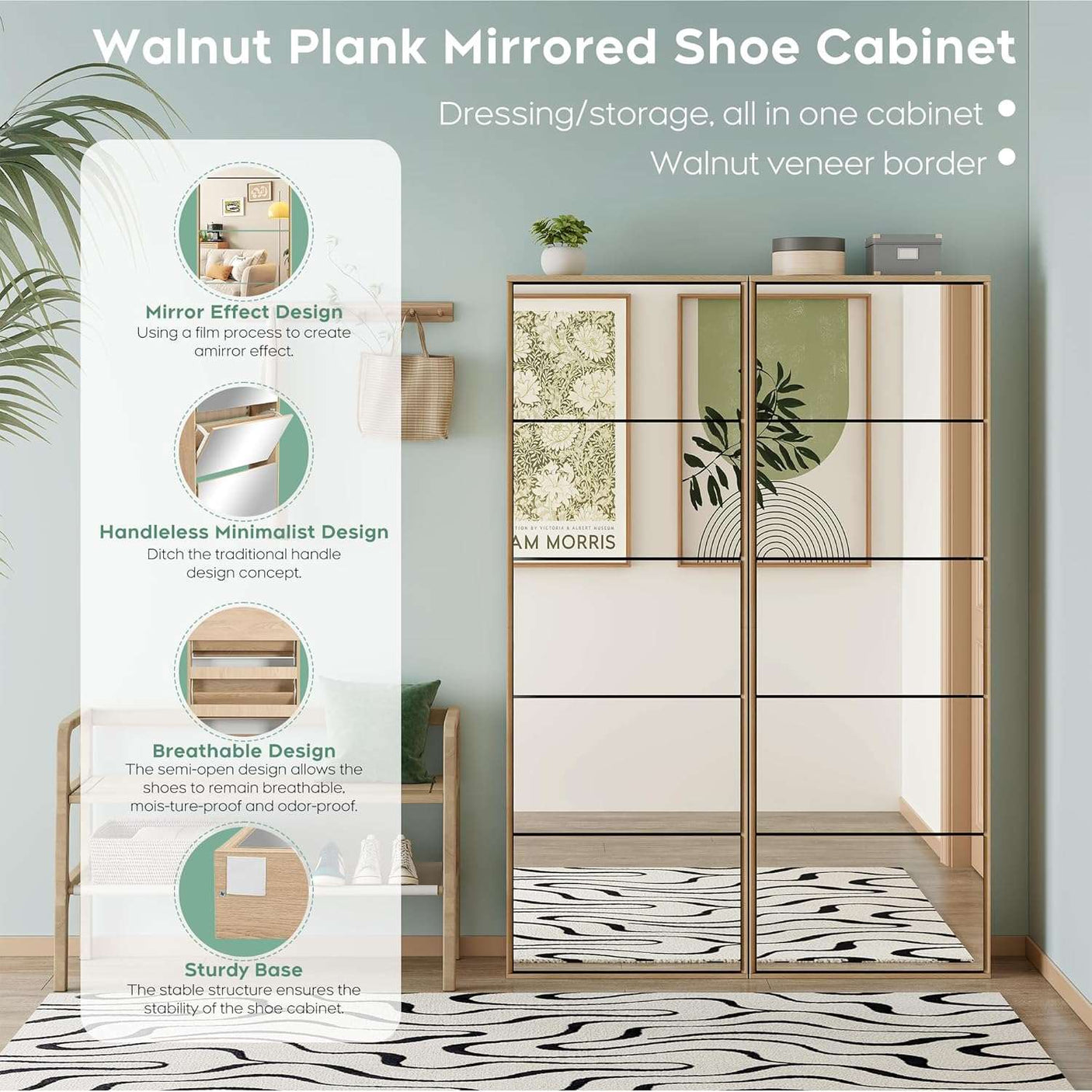 Mirror Shoe Cabinet with 5 Flip Drawers