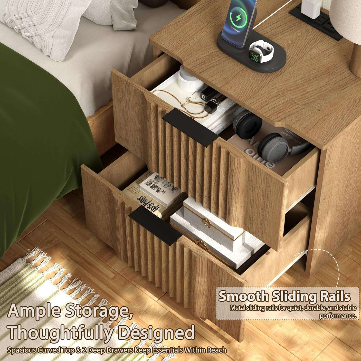 Fluted Nightstand with Charging Station