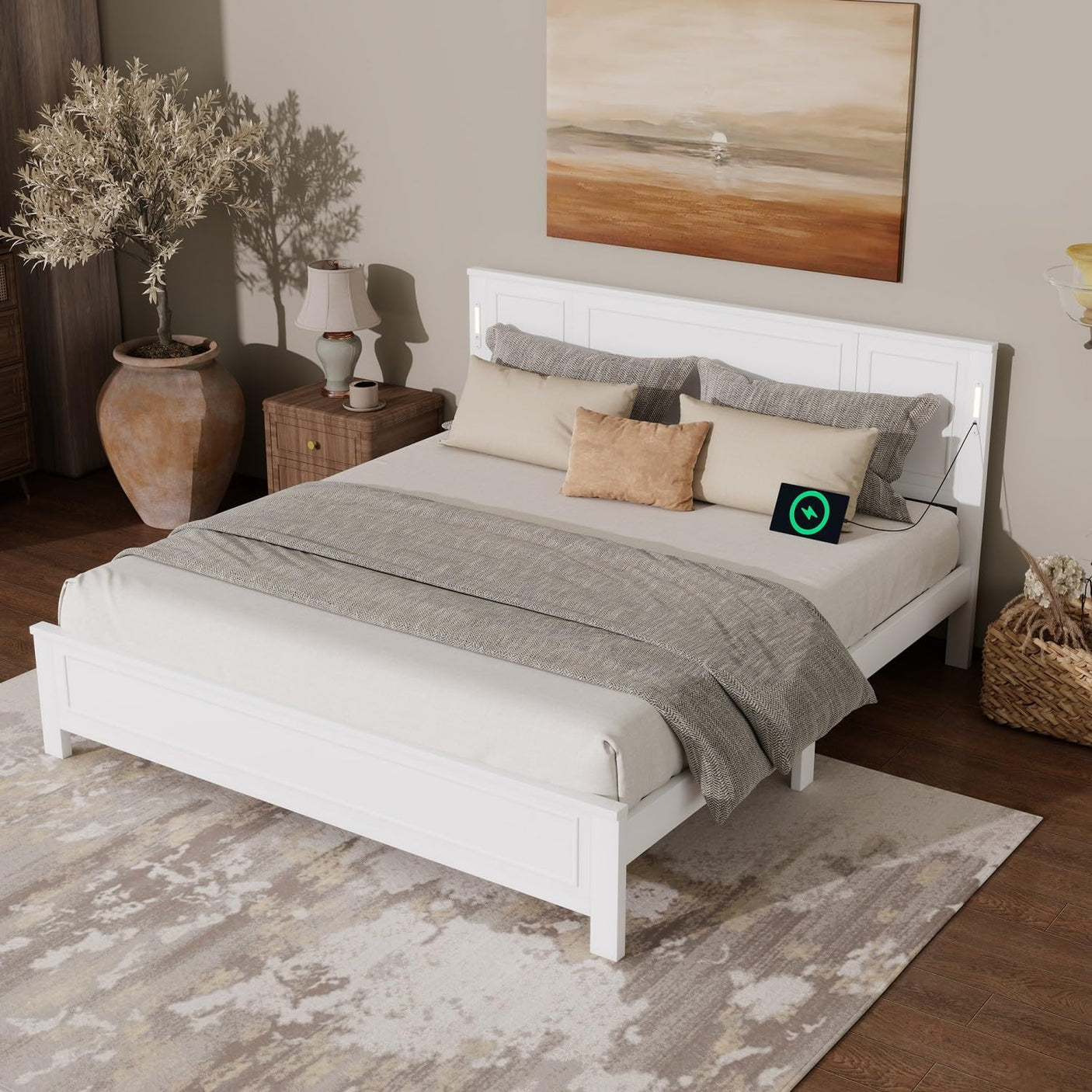 Farmhouse Bed Frame with LED Lights & Charging Station | Solid Pine Wood | Queen & King