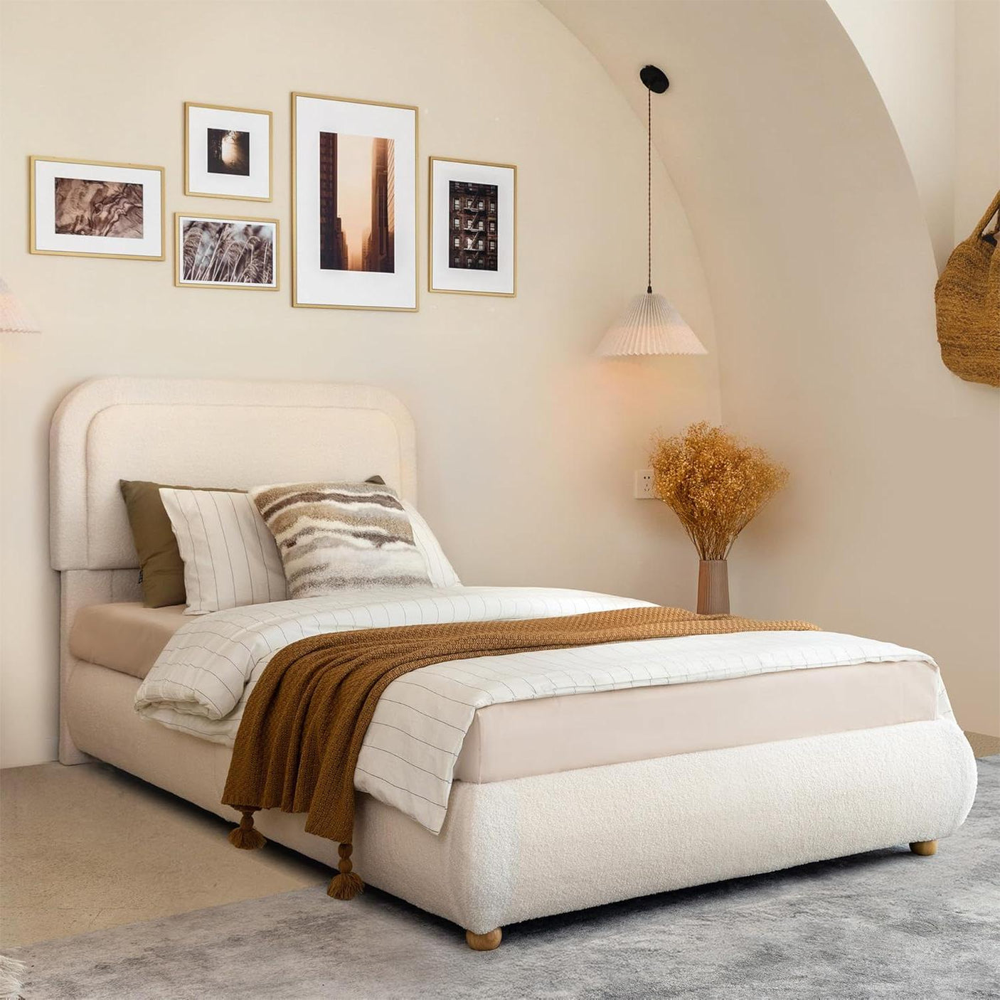 Boucle Fabric Cloud Bed Frame with Round Corner Headboard