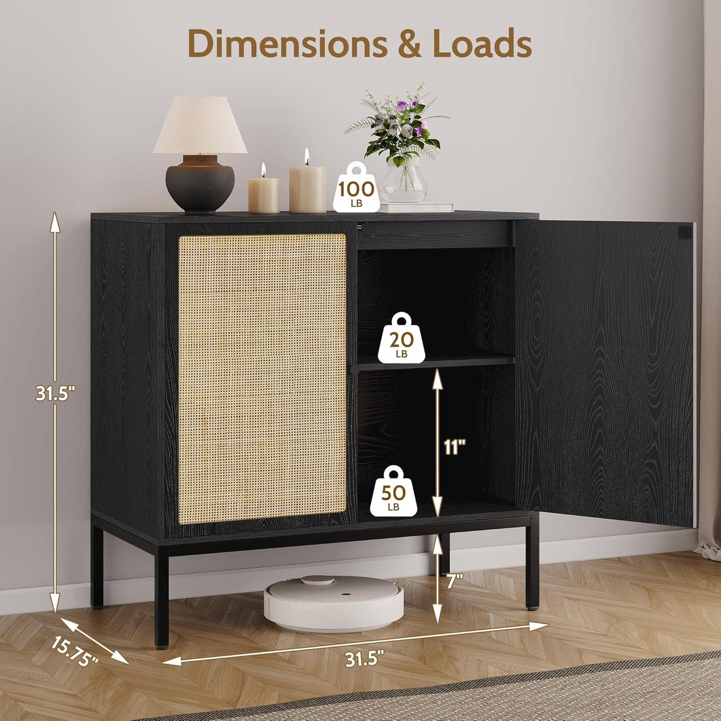 Sideboard Cabinet with Natural Rattan Decorated Doors