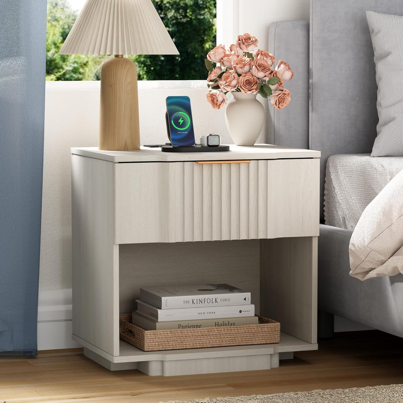 Fluted Night Stand with 20W Fast Charging Station