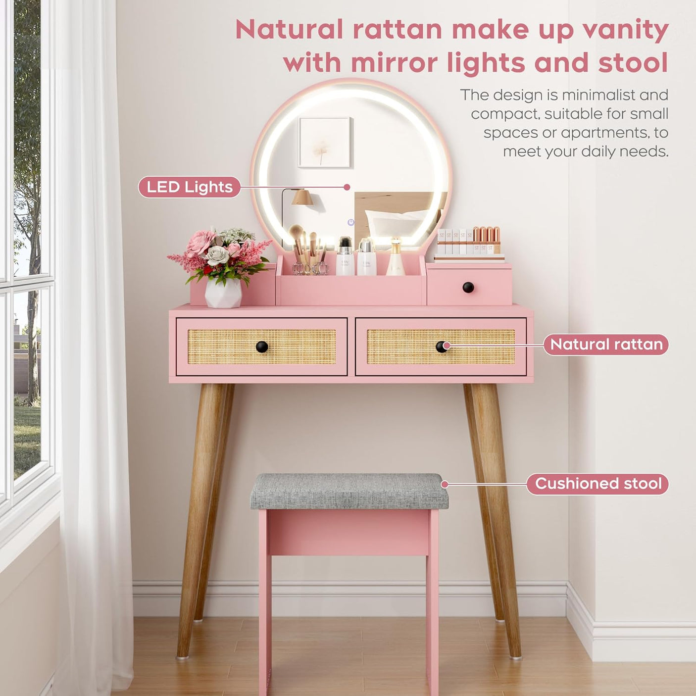 30" Vintage Makeup Vanity Table Set with Flip-Top Mirror & Rattan Drawers, Compact Dressing Table with Padded Stool