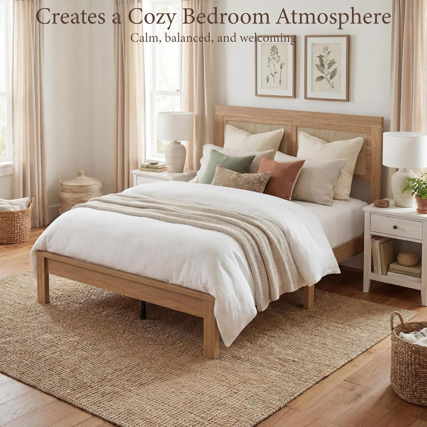 Rattan Boho Bed Frame with Headboard | Full Queen King | Natural Walnut Platform Bed