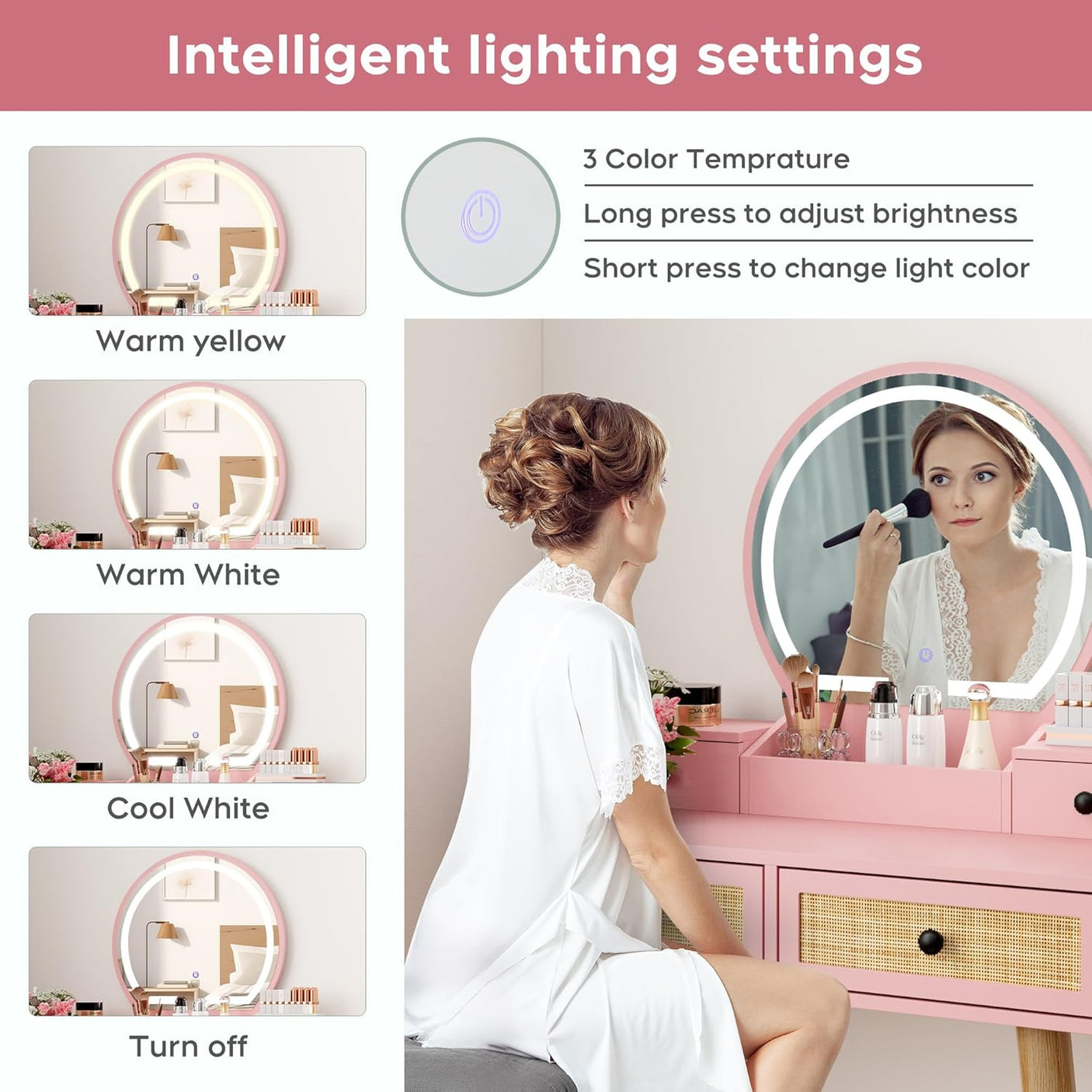 30" Vintage Makeup Vanity Table Set with Flip-Top Mirror & Rattan Drawers, Compact Dressing Table with Padded Stool
