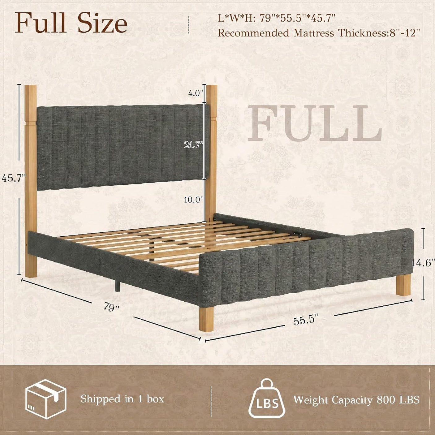 Yechen Full Size Natural Wood Bed Frame with Headboard