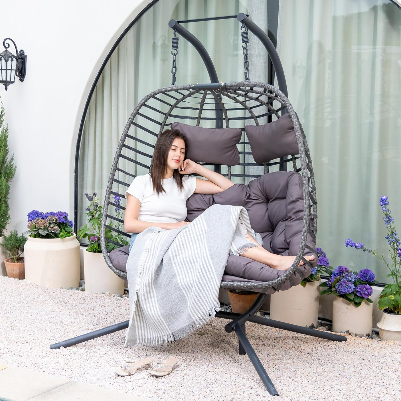 Double Egg Swing Chair with Stand for Outdoor