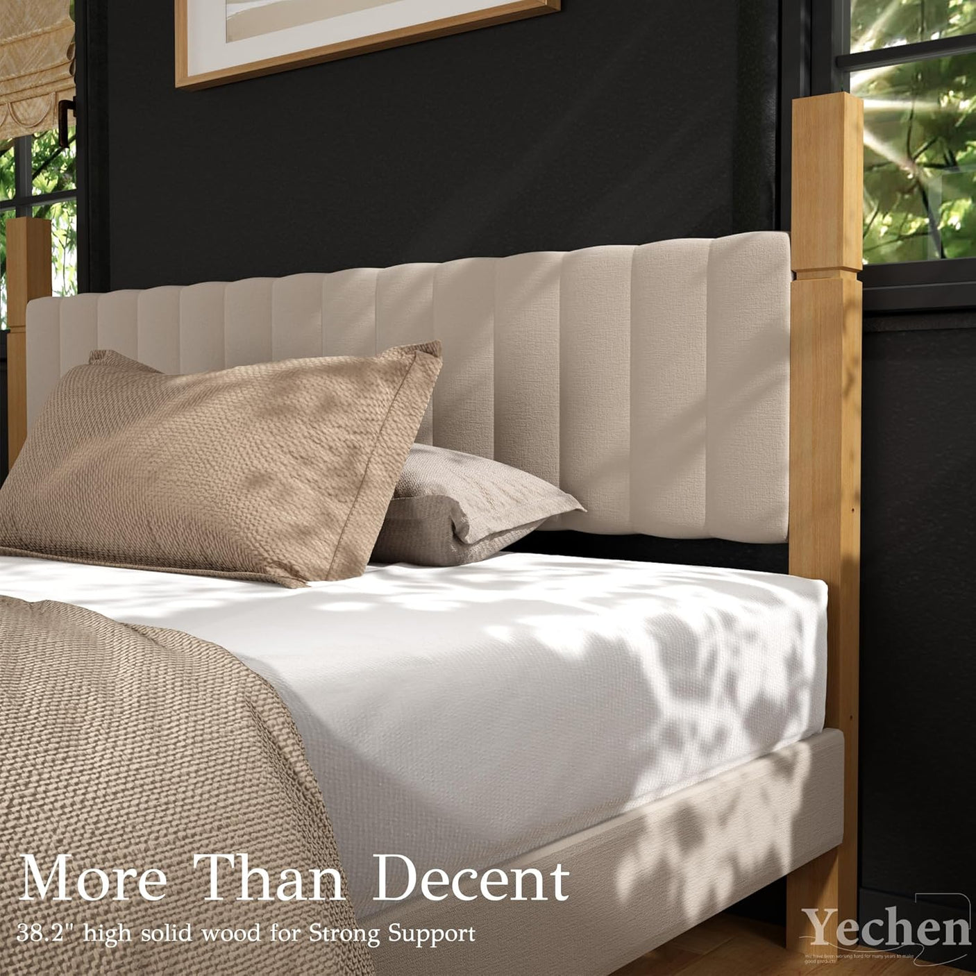 Yechen Full Size Natural Wood Bed Frame with Headboard