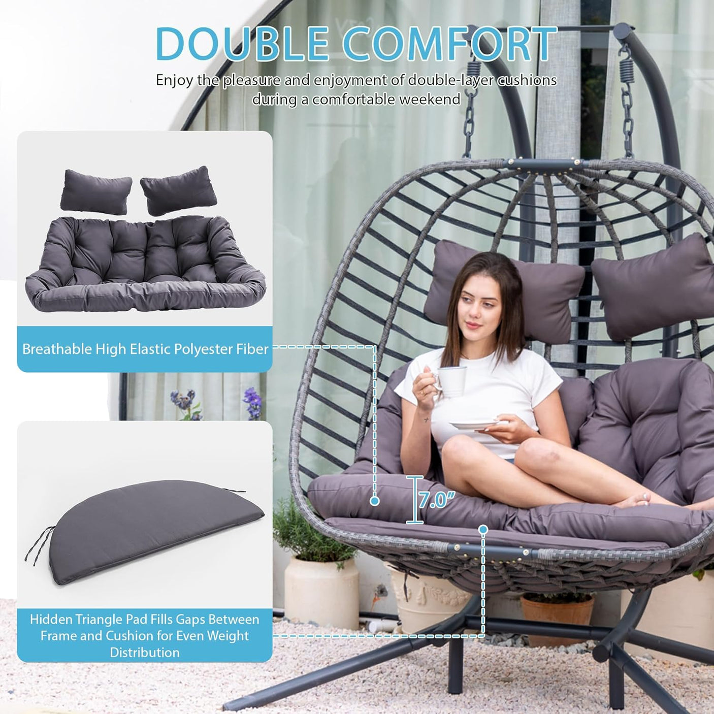 Double Egg Swing Chair with Stand for Outdoor