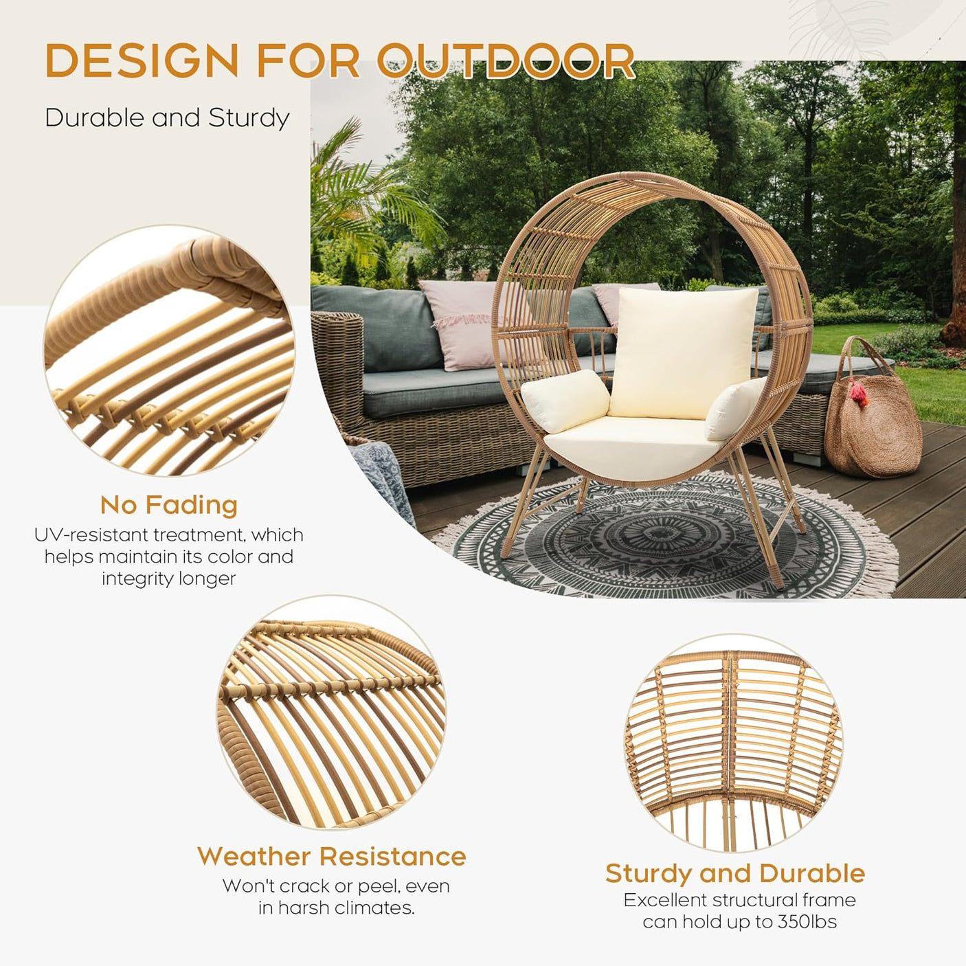 Outdoor Oversized Wicker Patio Egg Chair with Cushions