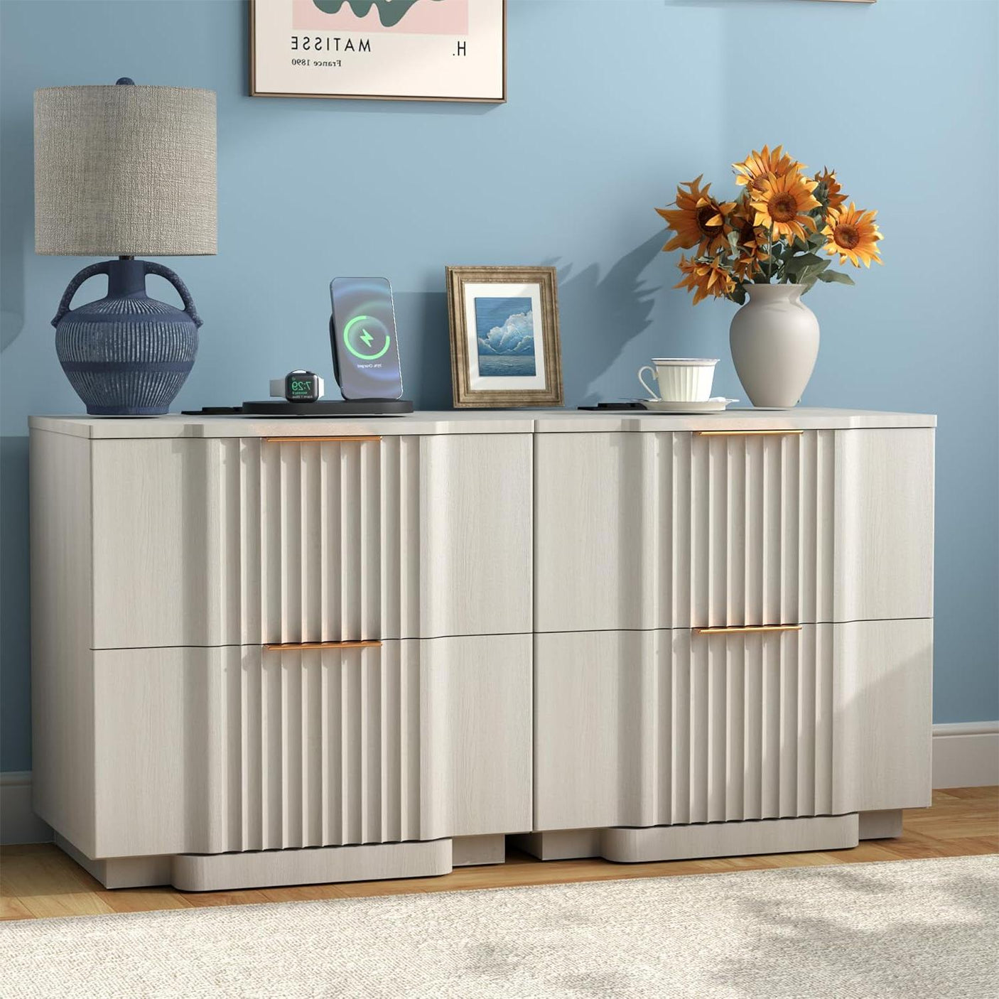 Fluted Nightstand with Charging Station