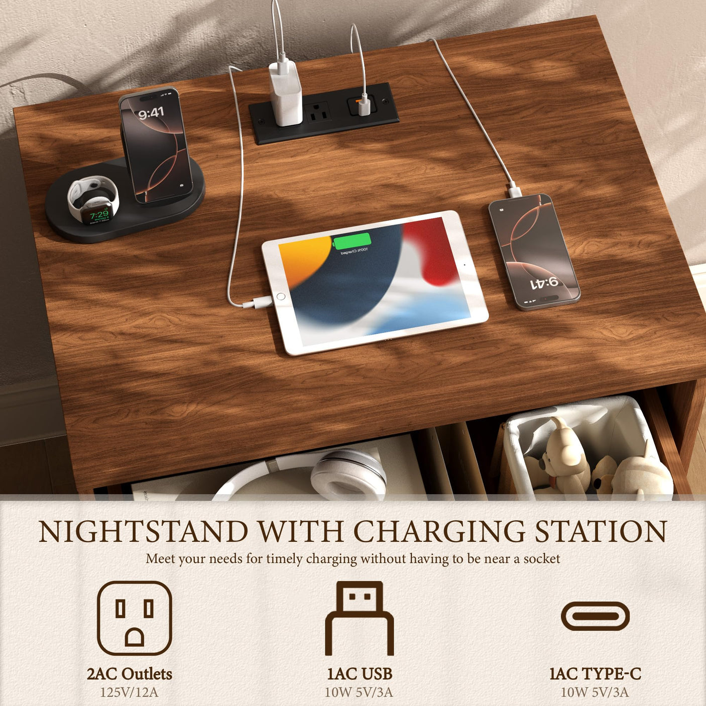 Yechen Modern Fluted Nightstand with Storage, Arched Reeded Night Stand with Charging Station, Bedside Table for Bedroom, Walnut