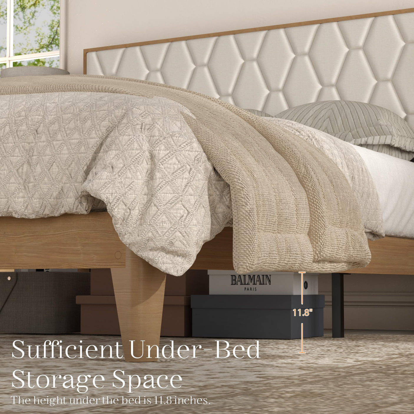 Yechen Diamond Headboard Platform Bed Frame | Boho Wood-Look, No Box Spring Needed