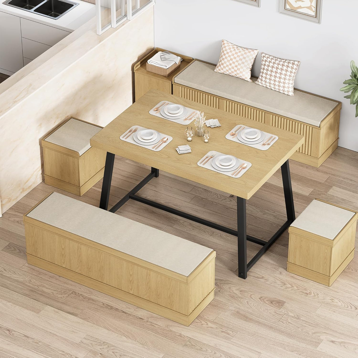 47 Inch Corner Dining Table Set with Storage Stool and Storage Bench