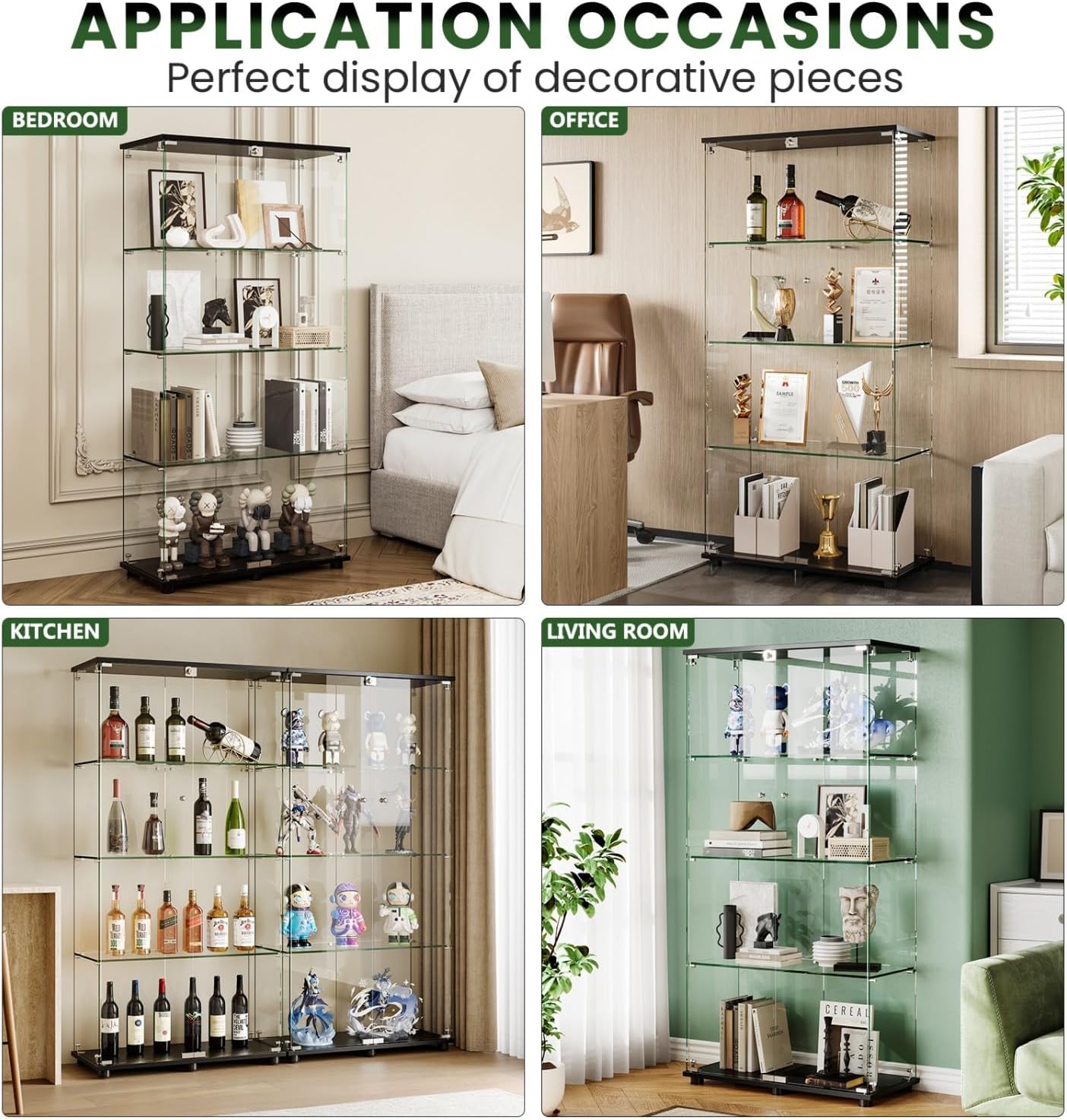 YECHEN Glass Display Cabinet with 5-Shelf | Tempered Glass Curio Cabinet with Lock, Double Doors & Anti-Topple Device