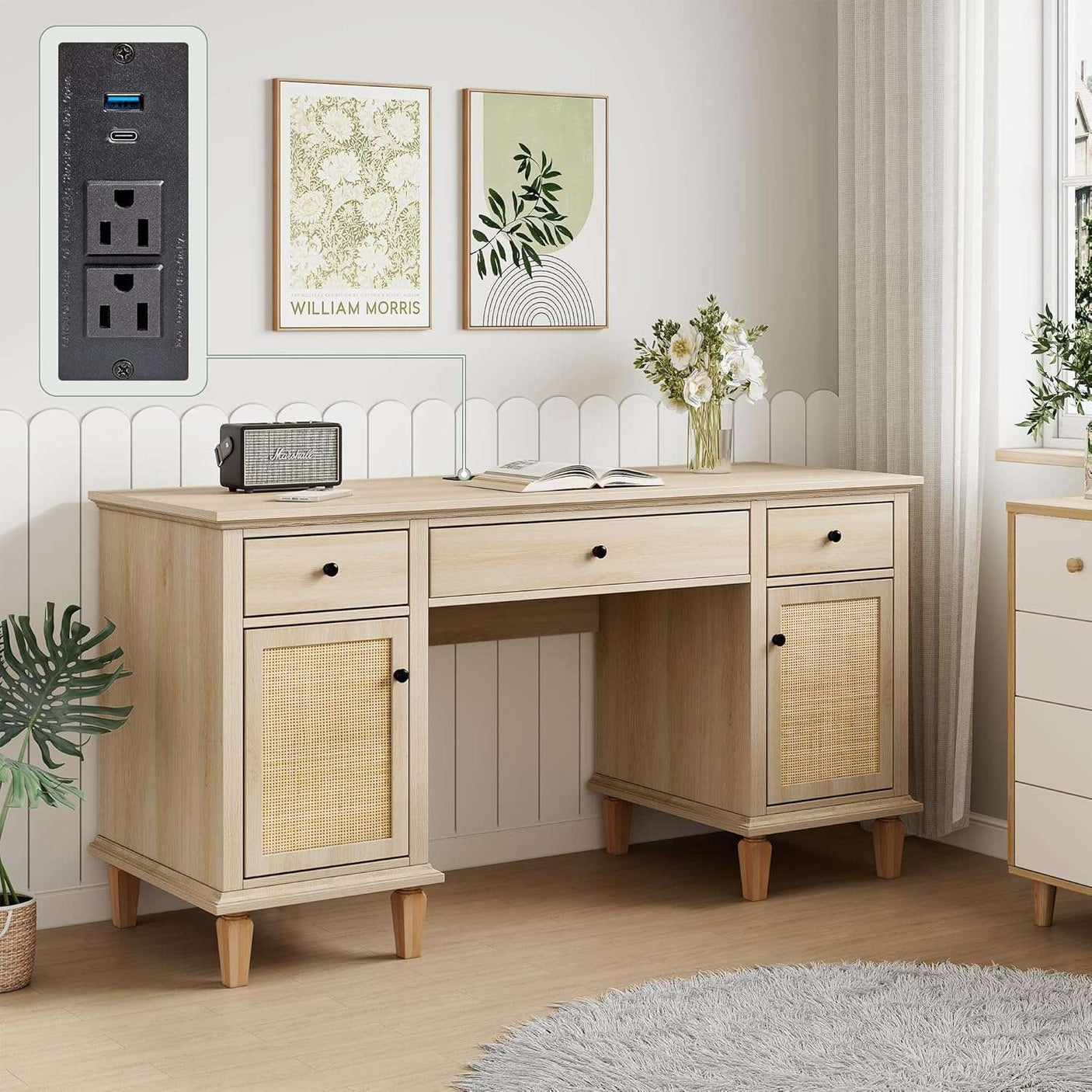 58" Modern Boho Rattan Door Executive Desk