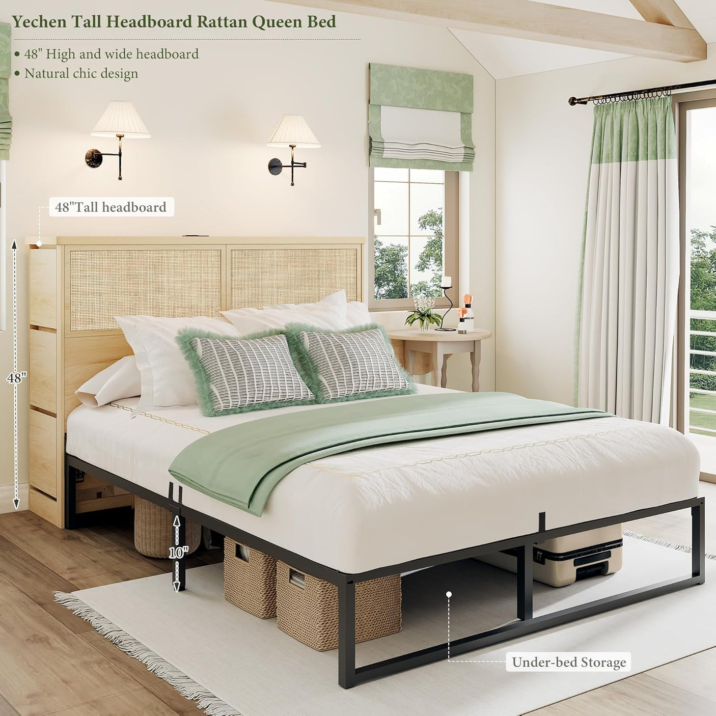 Boho Rattan Queen Beds Frame with Charging Station Headboard