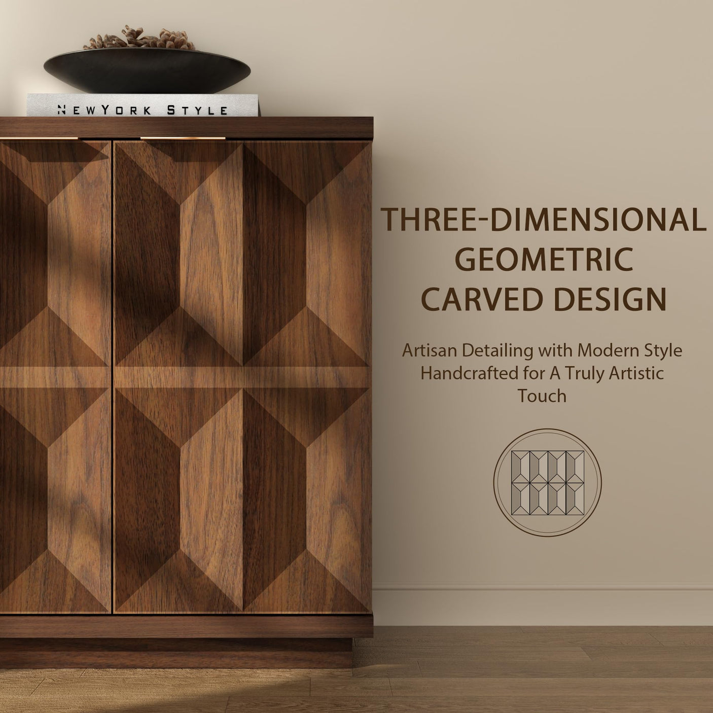 Yechen 59" Walnut Sideboard – Modern 3D Geometric Buffet Cabinet