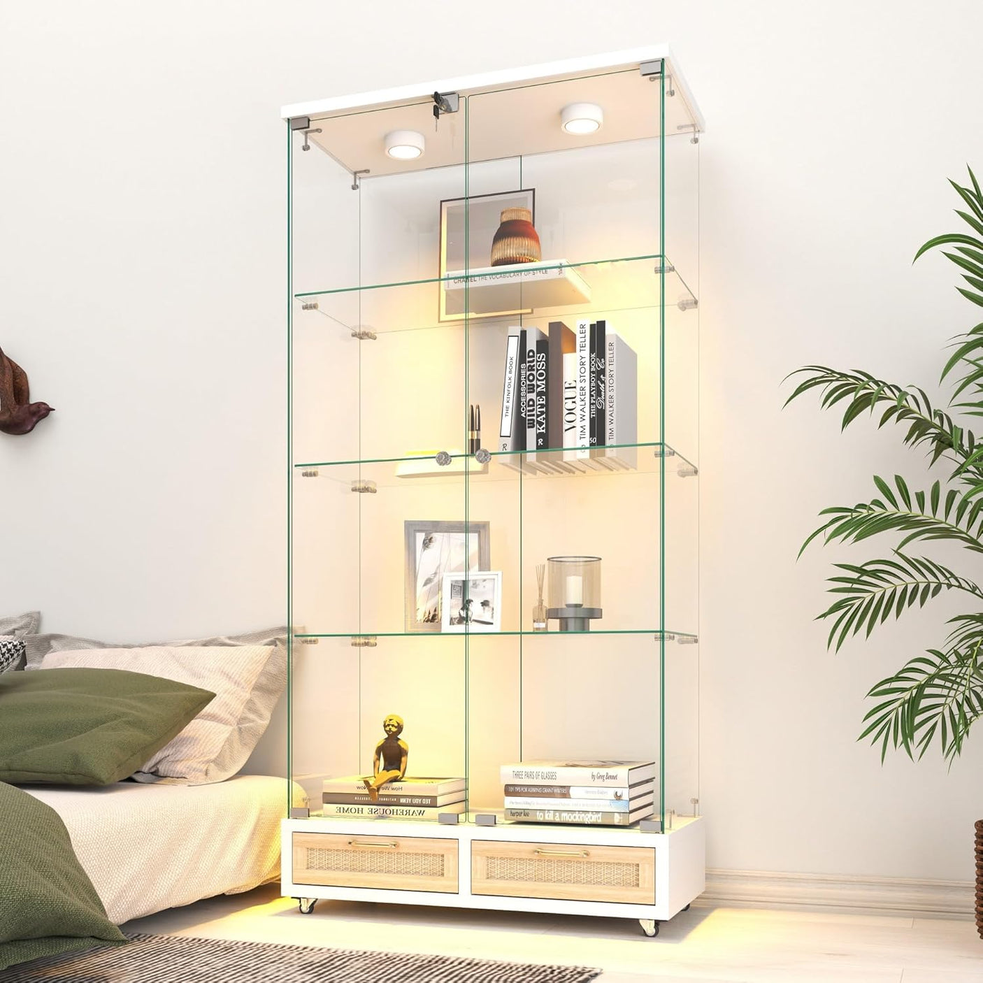 YECHEN Glass Display Cabinet with LED Lights | Double-Door Curio Cabinet with 2 Drawers