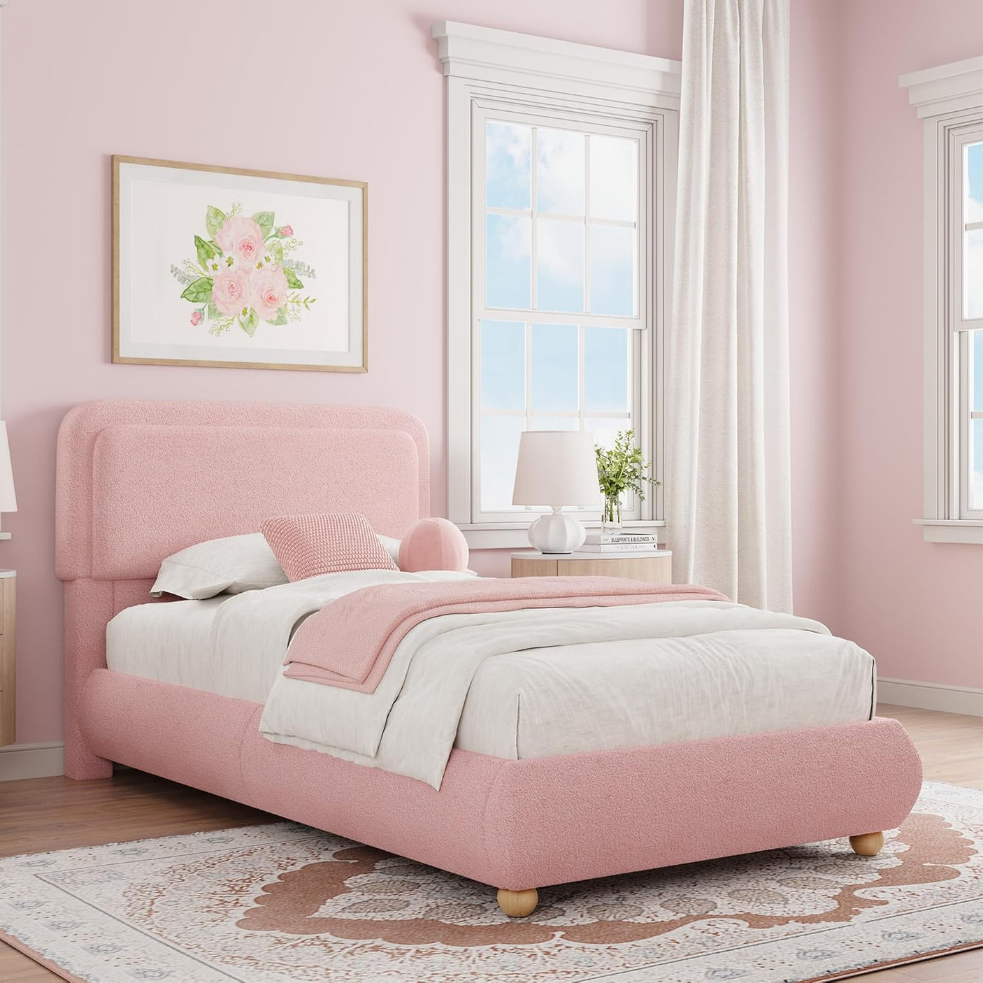 Boucle Fabric Cloud Bed Frame with Round Corner Headboard