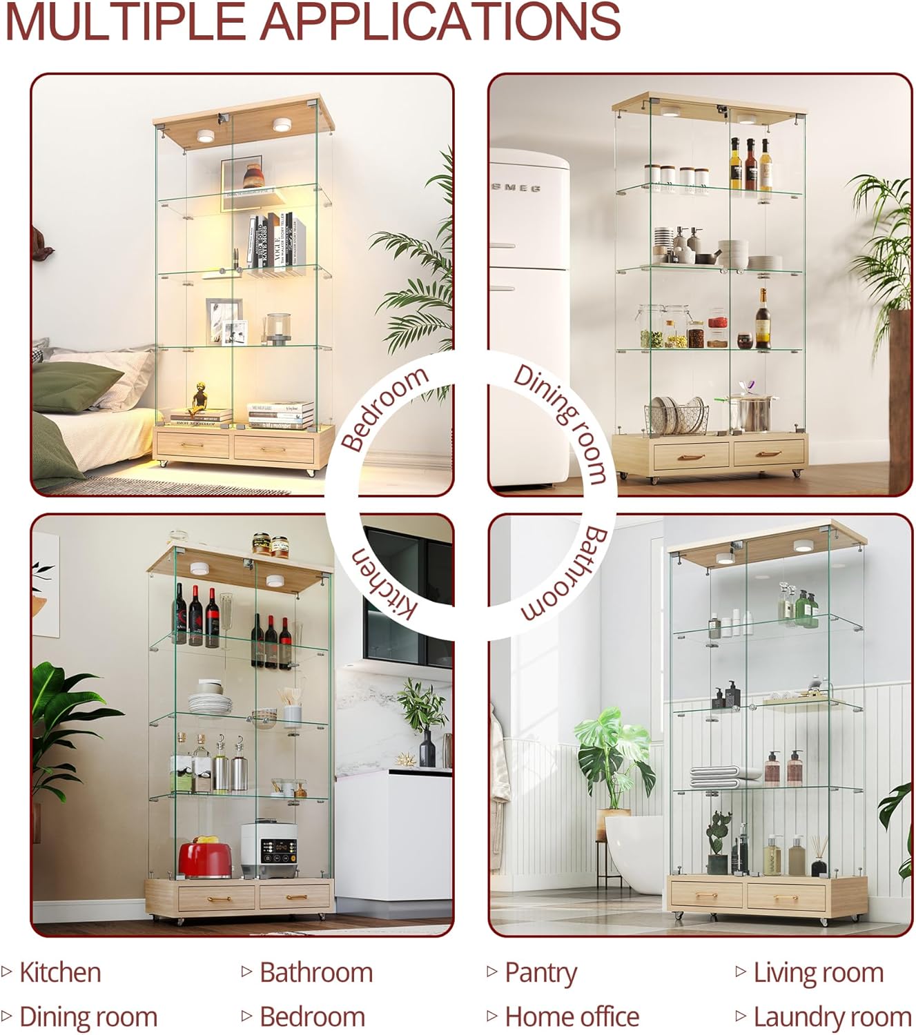 YECHEN Glass Display Cabinet with LED Lights | Double-Door Curio Cabinet with 2 Drawers