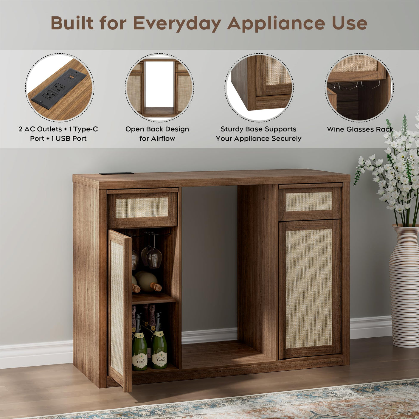 Rattan Coffee Bar Cabinet with Mini Fridge Space - Boho Sideboard with Wine Storage