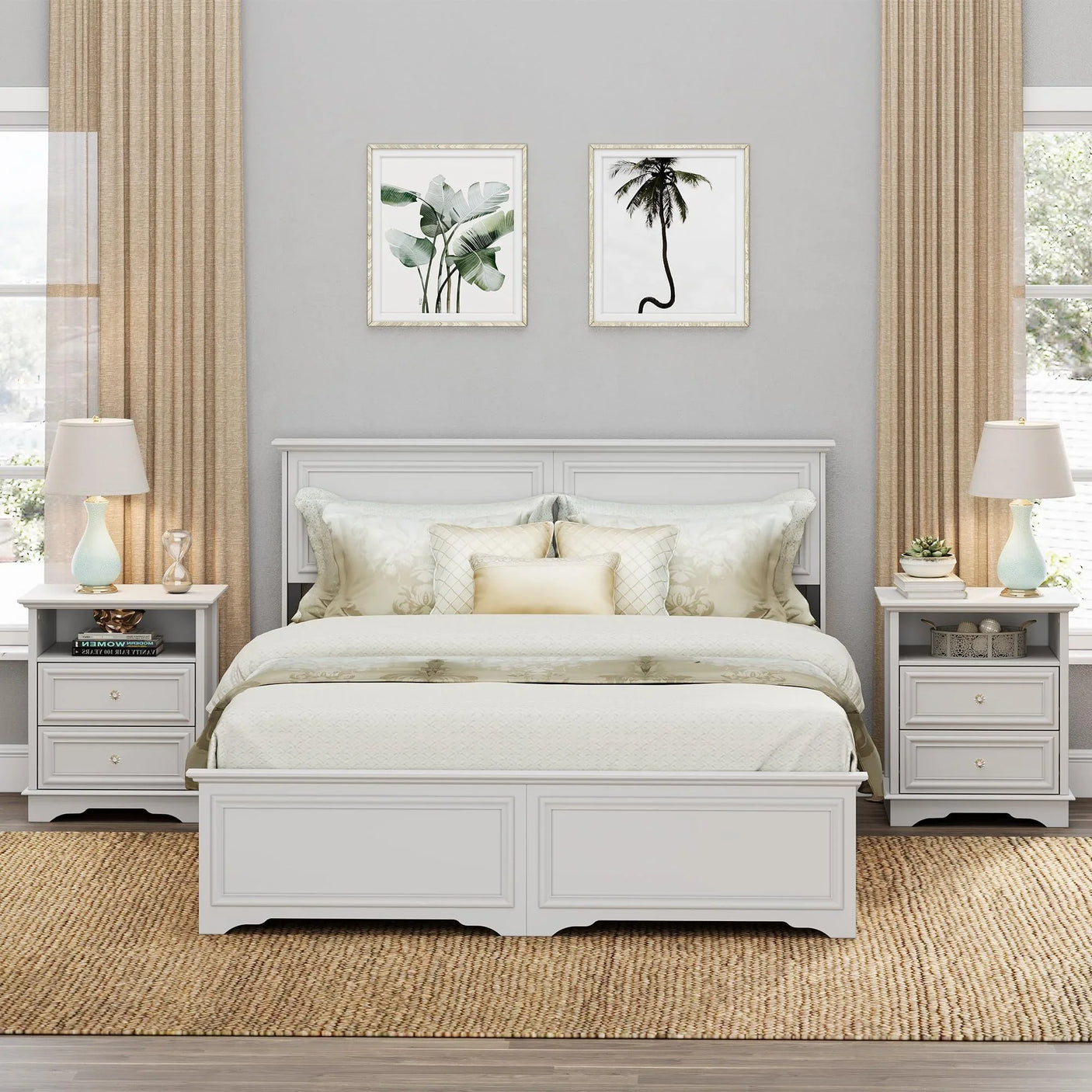 Farmhouse Mid Century Modern Nightstand, 2-Drawer 25" Tall Wood