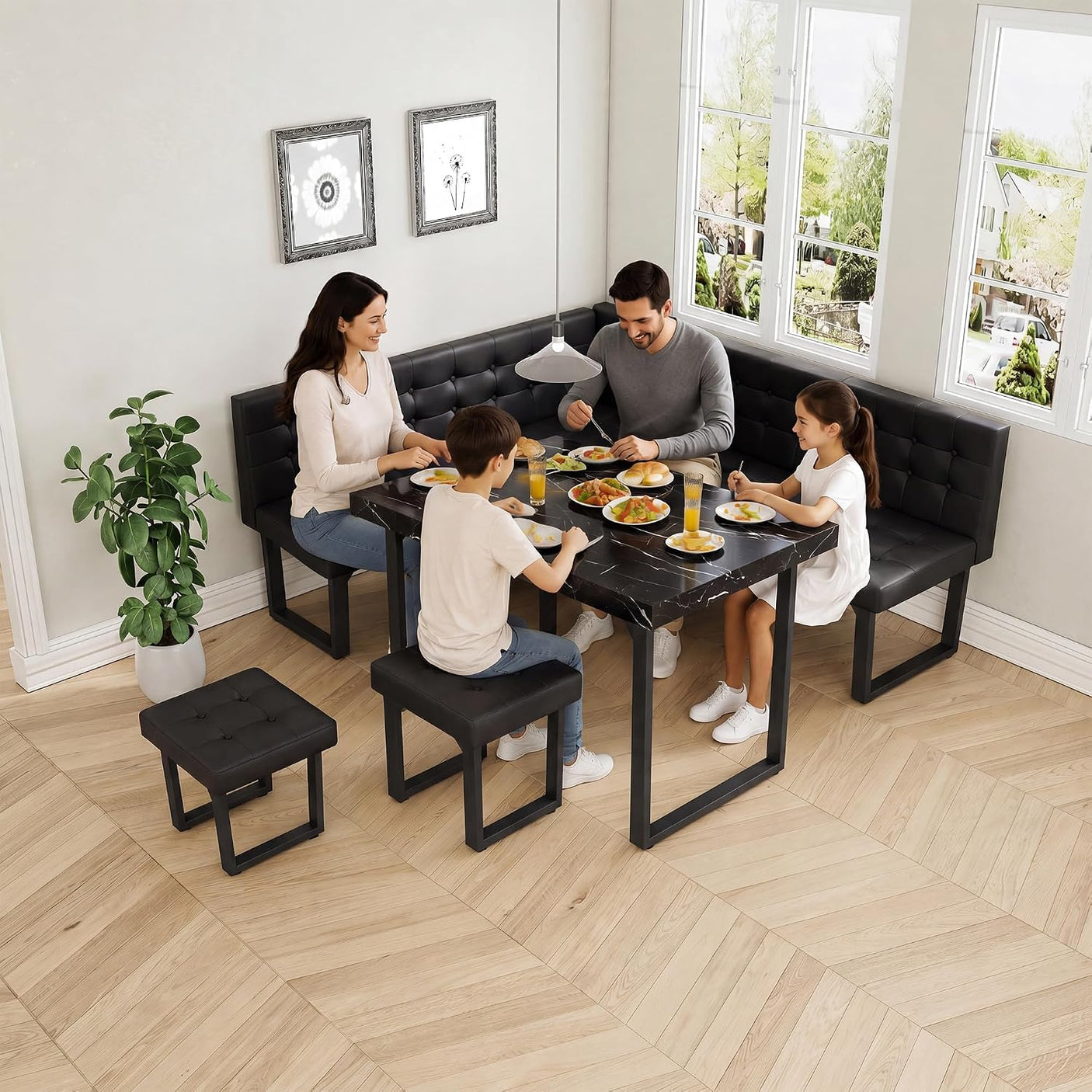 72" Corner Breakfast Nook Set | 5-Piece Dining Set with Storage Bench | Modern Black