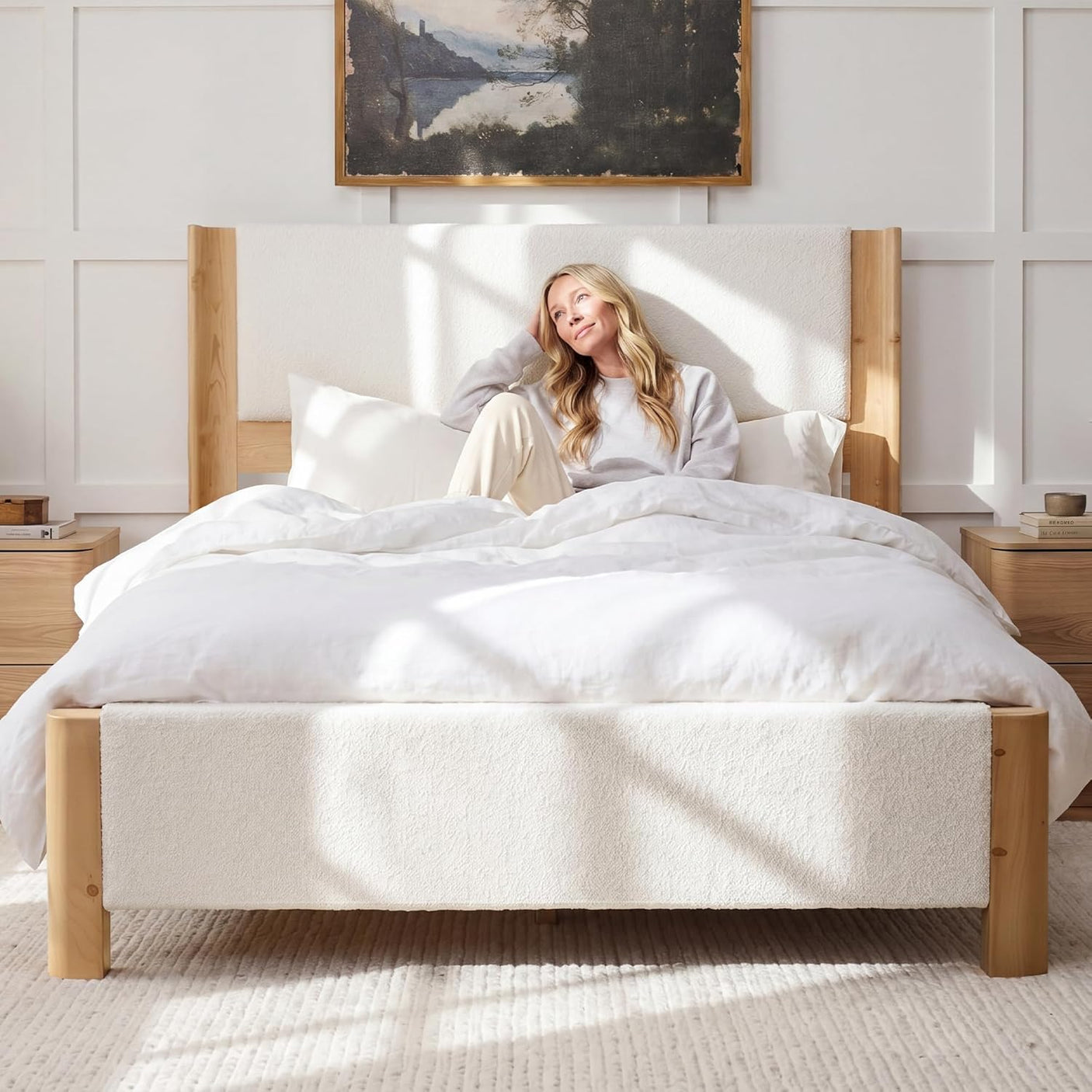 Yechen Wingback Bed Frame | Boucle & Solid Pine | Queen | No Box Spring | Off White