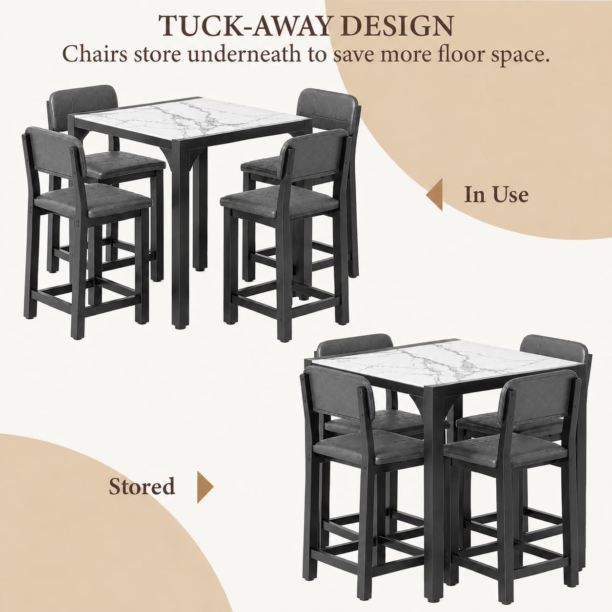 5-Piece Counter Height Dining Set | Marble-Look Top, Padded Chairs, Modern Grey