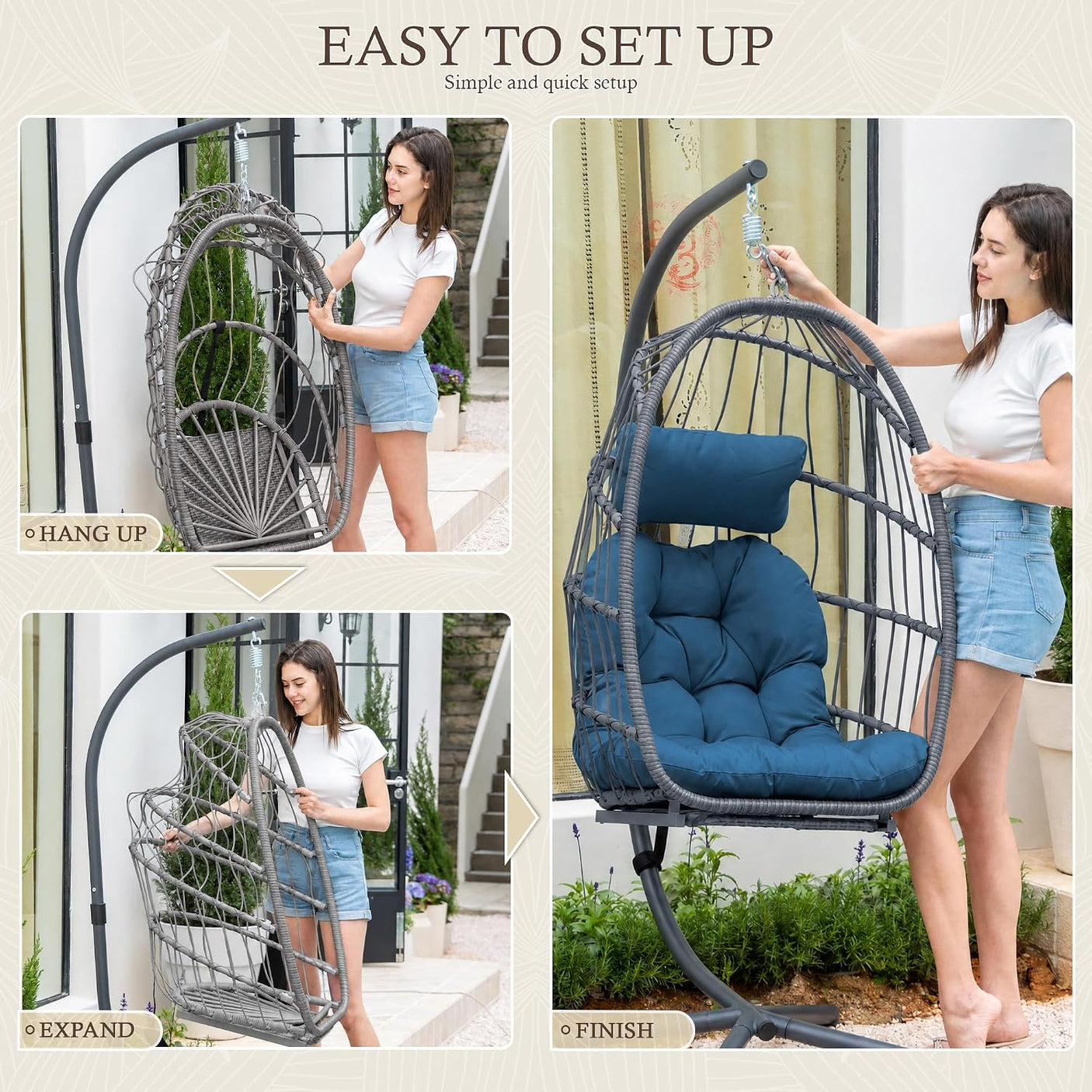 Egg Hanging Chair with Stand, Footrest & Cushion | Patio & Bedroom, Dark Blue