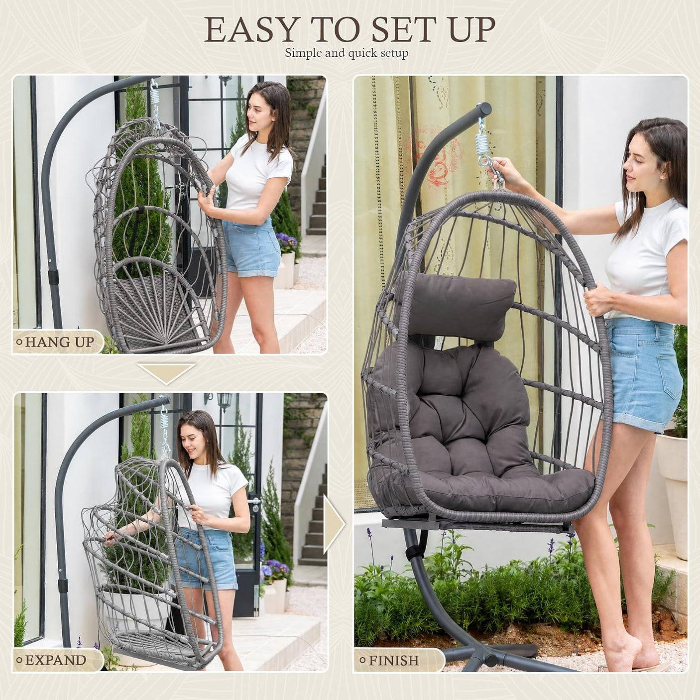 Egg Hanging Chair with Stand, Footrest & Cushion | Patio & Bedroom, Charcoal Grey