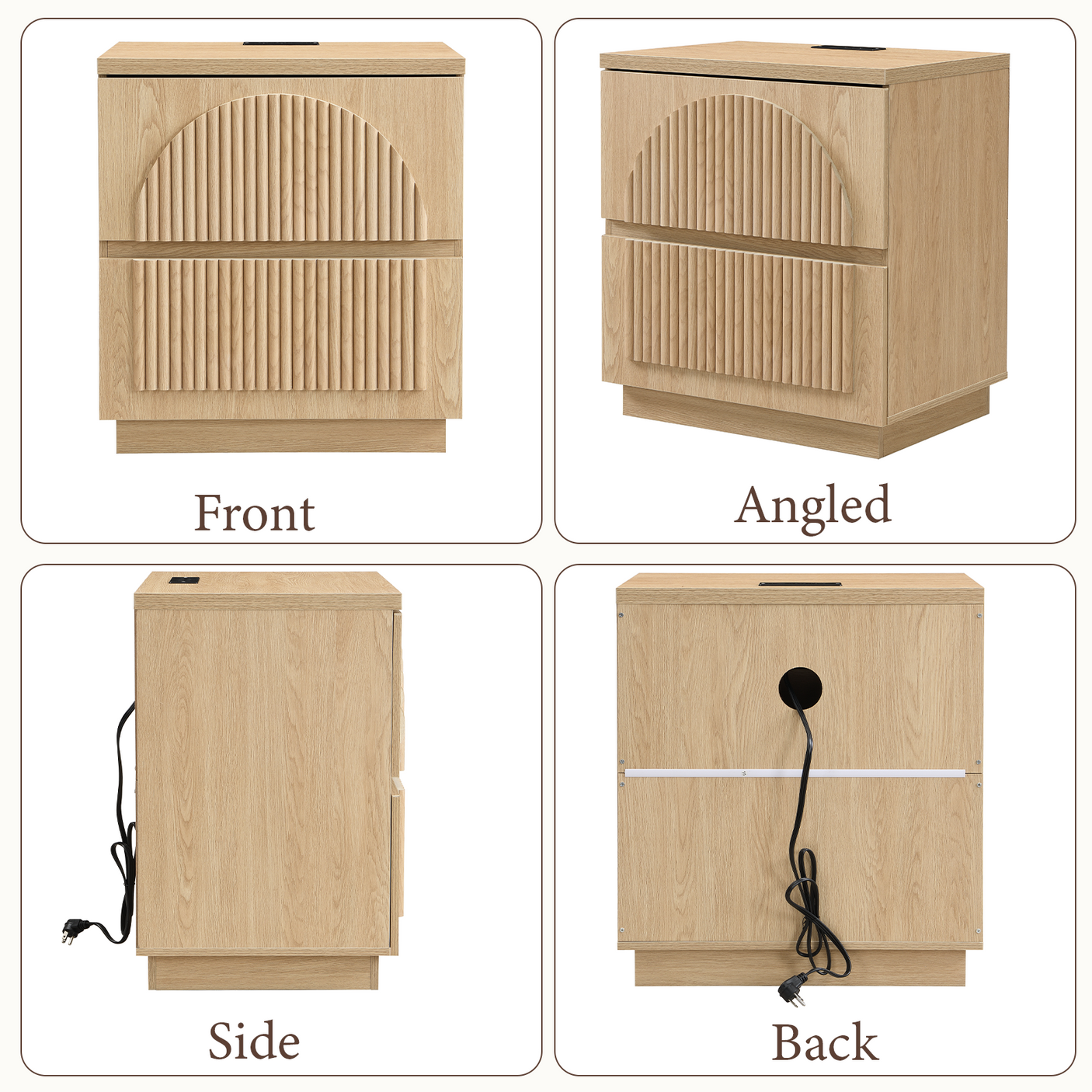 Yechen Fluted Nightstand with Charging Station | Arched Reeded Bedside Table, Natural