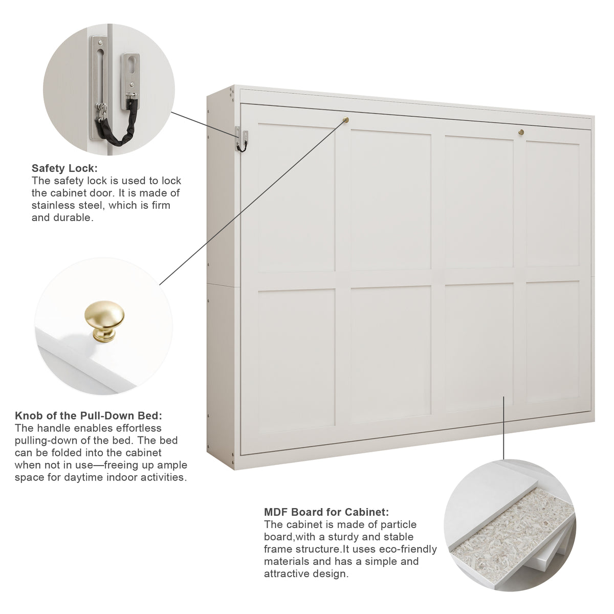 Queen Horizontal Murphy Bed with Folding Cabinet – White