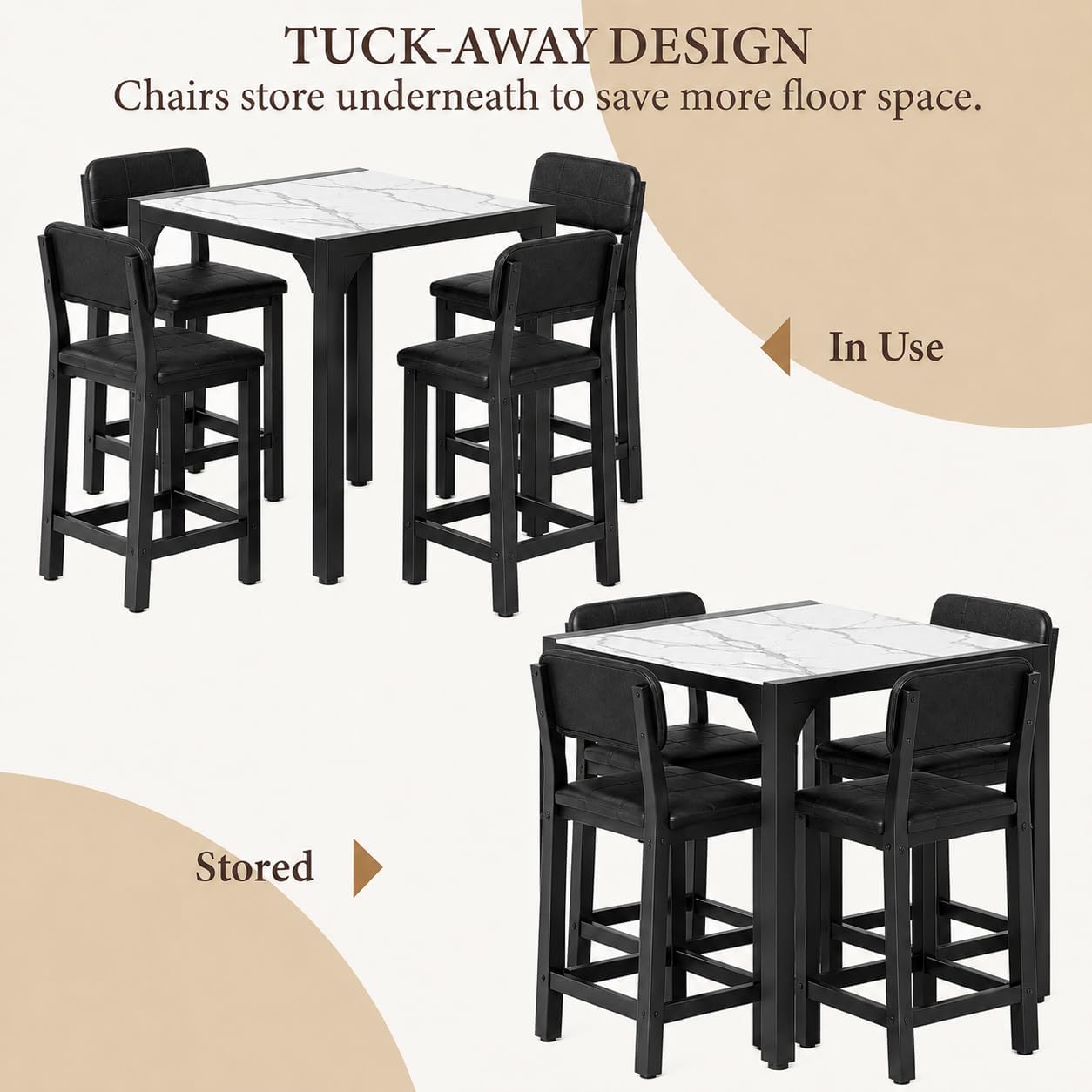 5-Piece Counter Height Dining Set | Marble-Look Top, Padded Chairs, Black