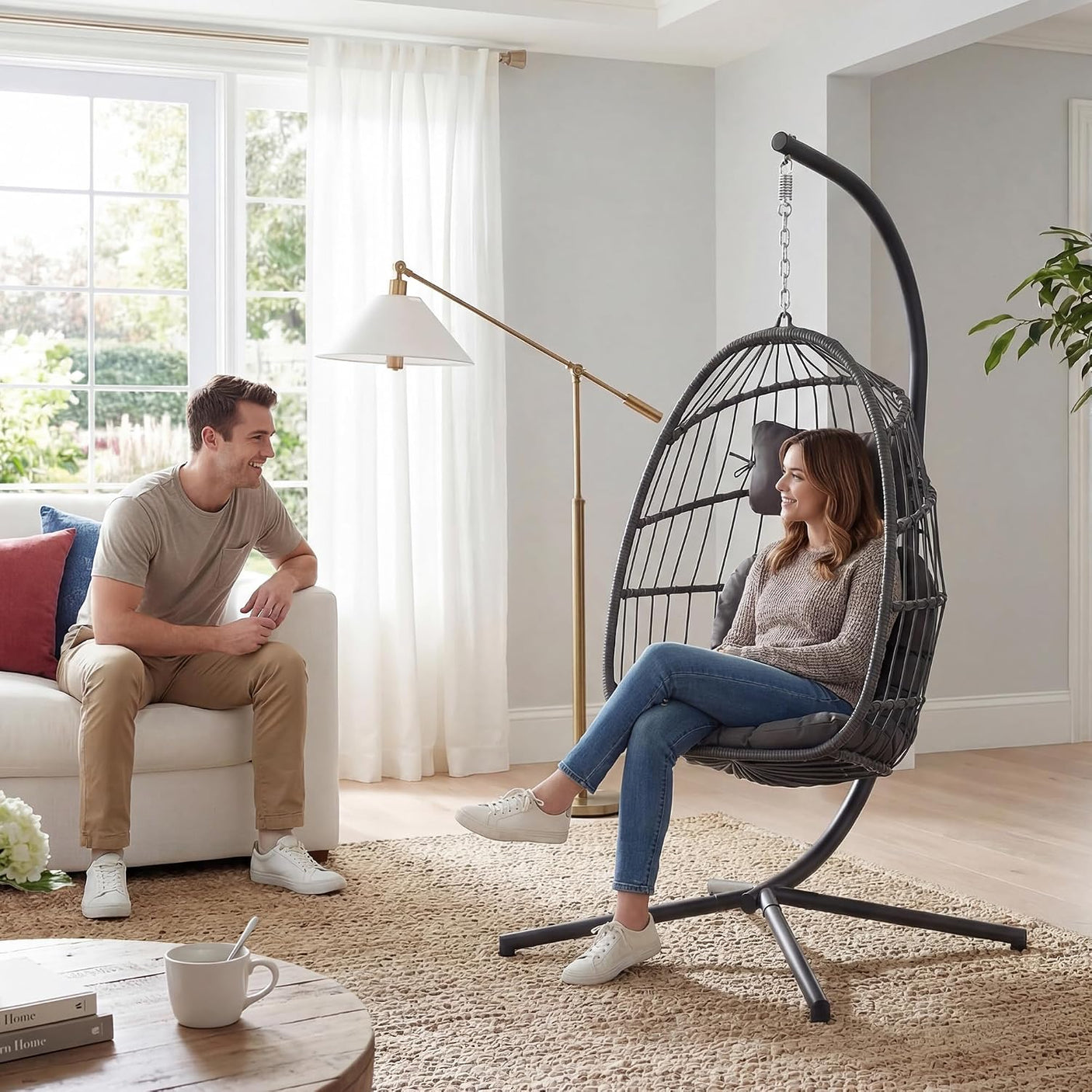 Egg Hanging Chair with Stand & Cushion | Patio & Bedroom, Charcoal Grey