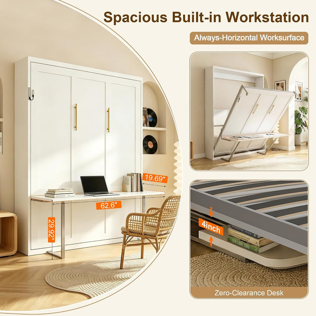 White Queen Murphy Bed with Fold-Down Desk | Yechen Home