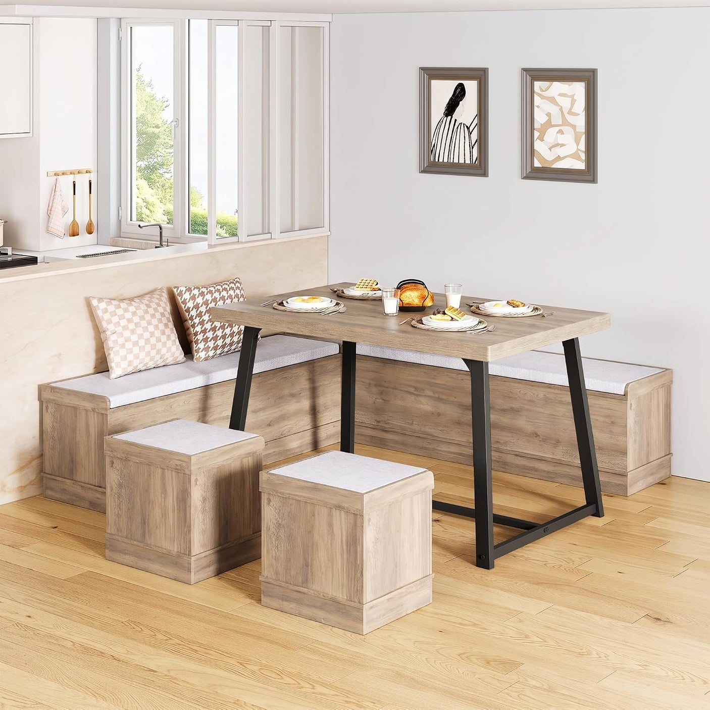 47 Inch Corner Dining Table Set with Storage Stool and Storage Bench